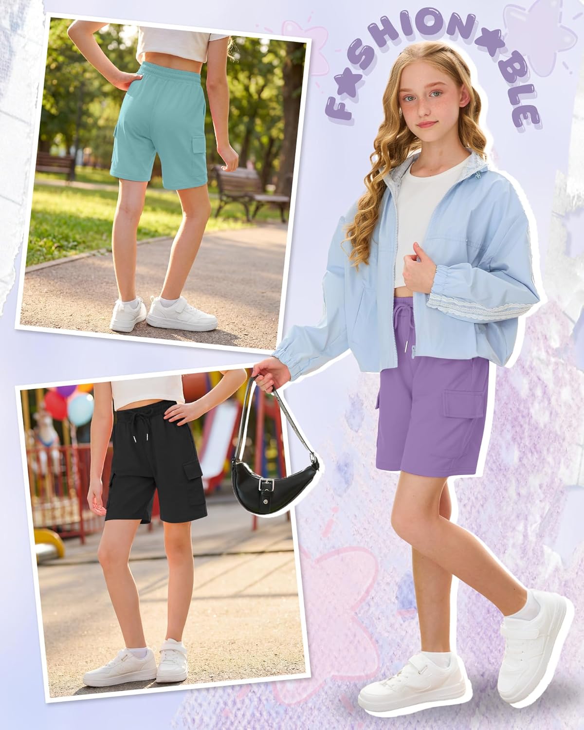 3 Pack Girls' Cargo Bermuda Shorts Elastic Drawstring Long Shorts Loose Casual Yoga SweatShorts with 4 Pockets