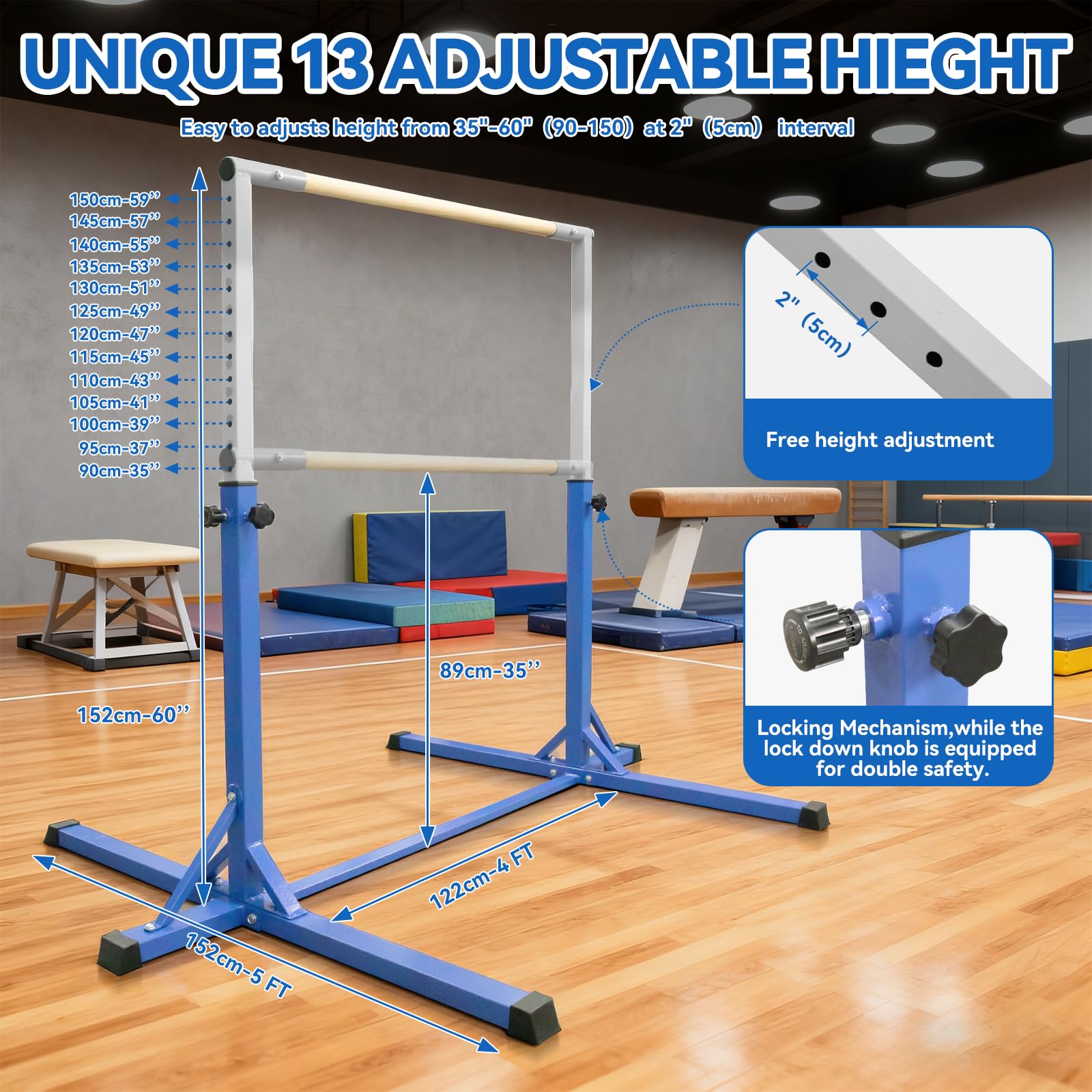 FBSPORT Barre de Gymnastique Enfant Rythmique avec Anneaux de Gymnastique, 13 équipement d'entraînement de Gymnase Gymnastique Bar réglable en Hauteur pour l'intérieur et l'extérieur