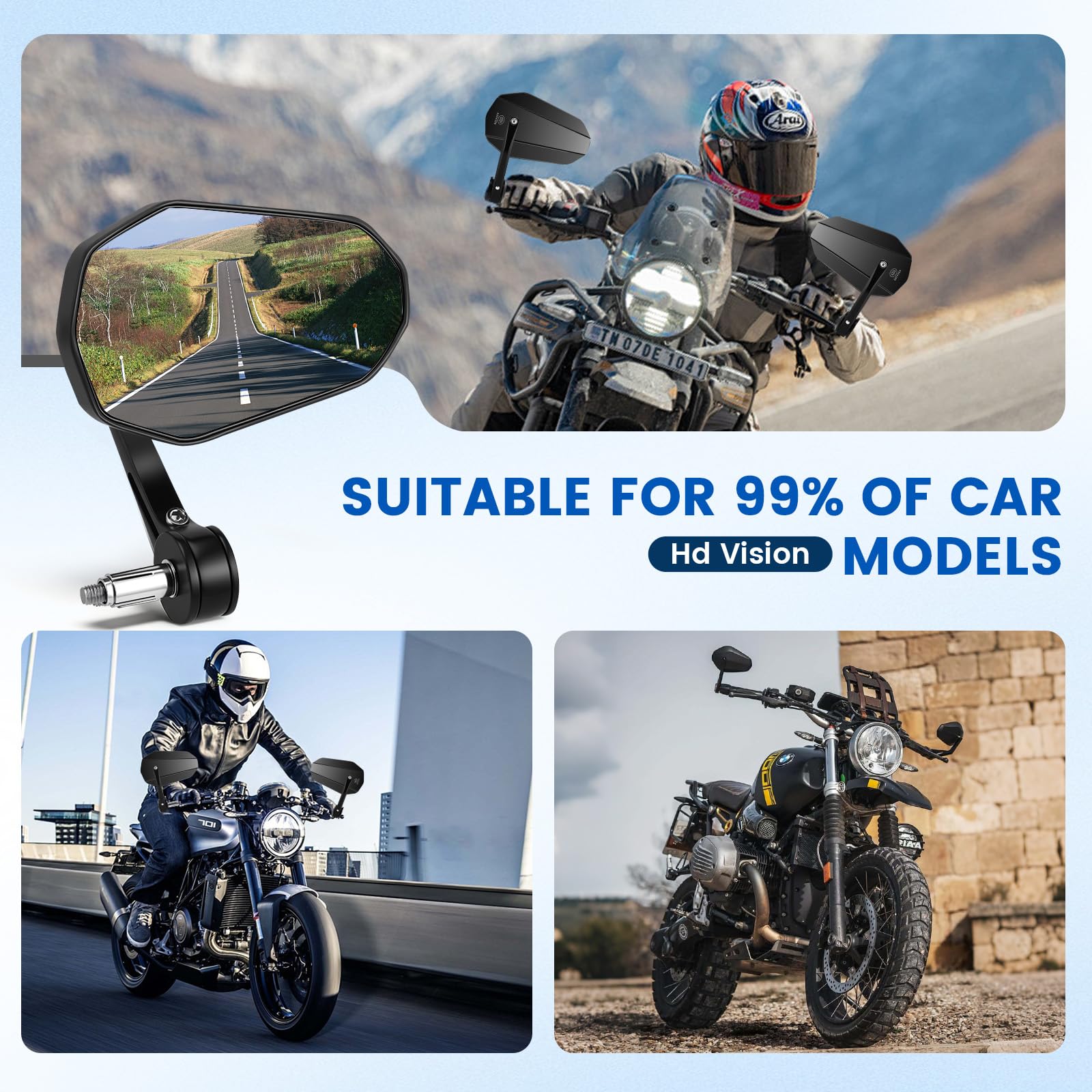 Rétroviseurs Moto Embout de Guidon 7/8" 22mm, 2 Rétroviseurs de Moto Homologués, Rétroviseur Latéraux Moto Universels pour Motos, Cyclomoteurs, Scooters Z650 Z750 Z900 CB125 CB650 MT07 MT09 MT10