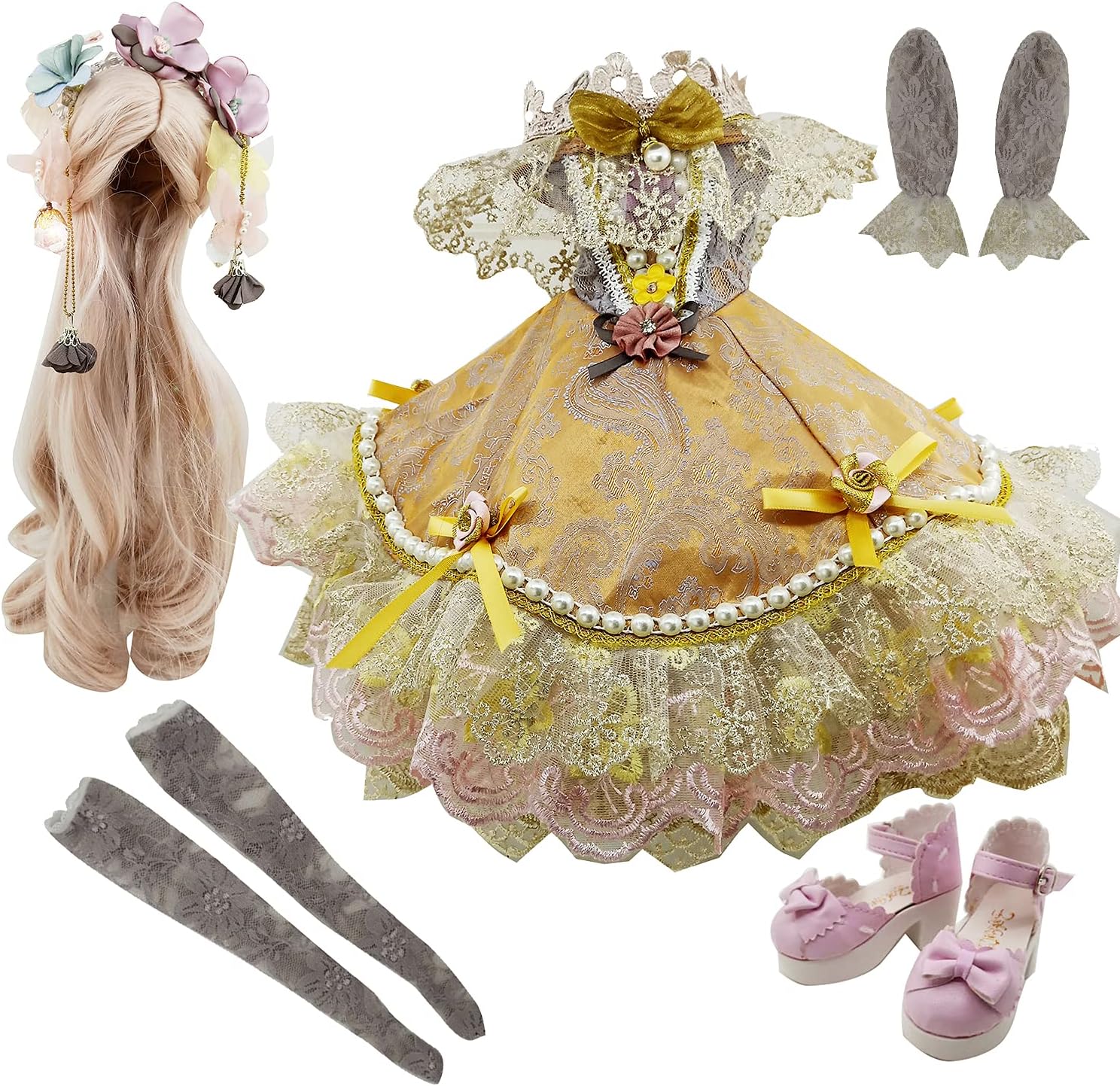 Proudoll 1/3 BJD Doll Clothes Gorgeous Golden Gown Dress, Princess Look Outfit Set Compatible with 1/3 60cm 24-in SD Dolls