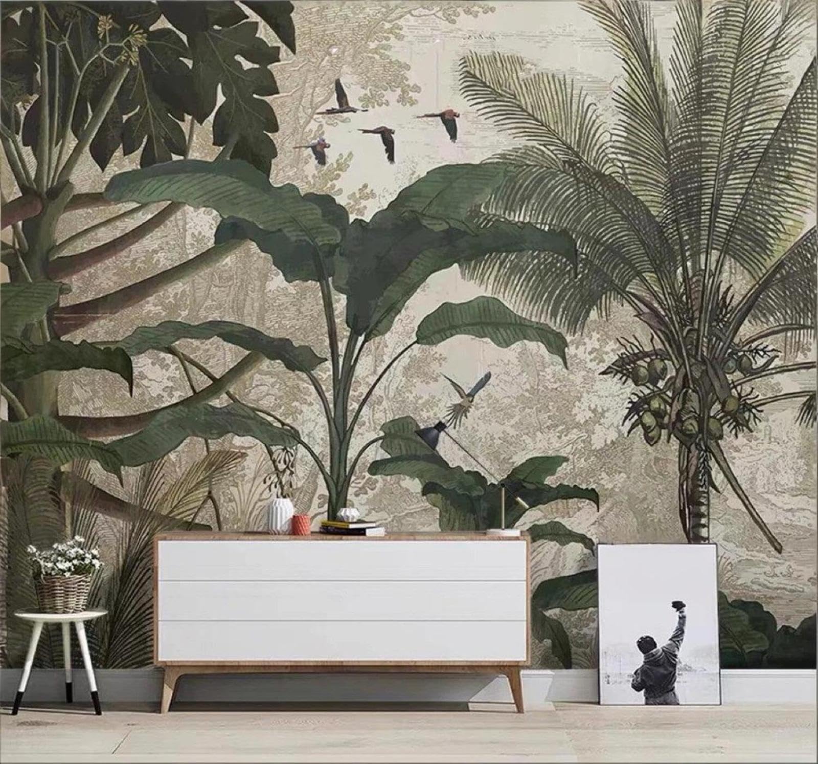 Wallpaper-3D-Xlm 300Cm×210Cm(B×H) Retro Birds Palm Trees Plants Forest 3D Wallpaper Easy Install Feature Office Living Room Sofa Bedroom Tv Background Wall Decoration-300Cm×210Cm