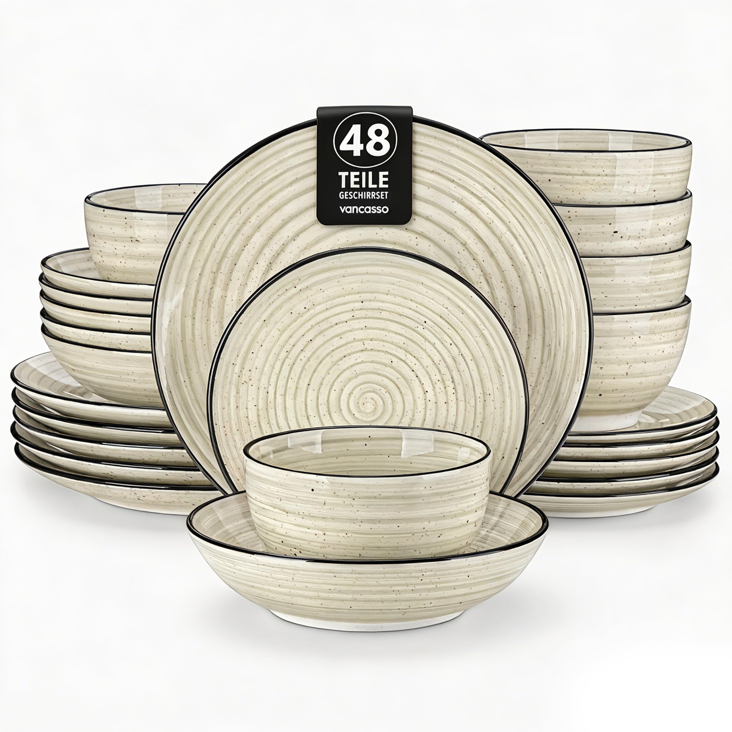 vancasso Bonbons - Vajilla de gres (48 piezas, para 12 personas) | 12 platos llanos, 12 platos de postre, 12 cuencos, 12 cuencos para cereales, aptos para lavavajillas, microondas, color beige