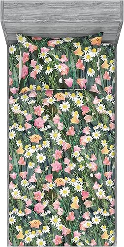 Miniatura 58 de Ambesonne Juego de sábanas bajeras tropicales y fundas de almohada, diseño abstracto de hojas de plátano de Monstera inspirado en olas retro