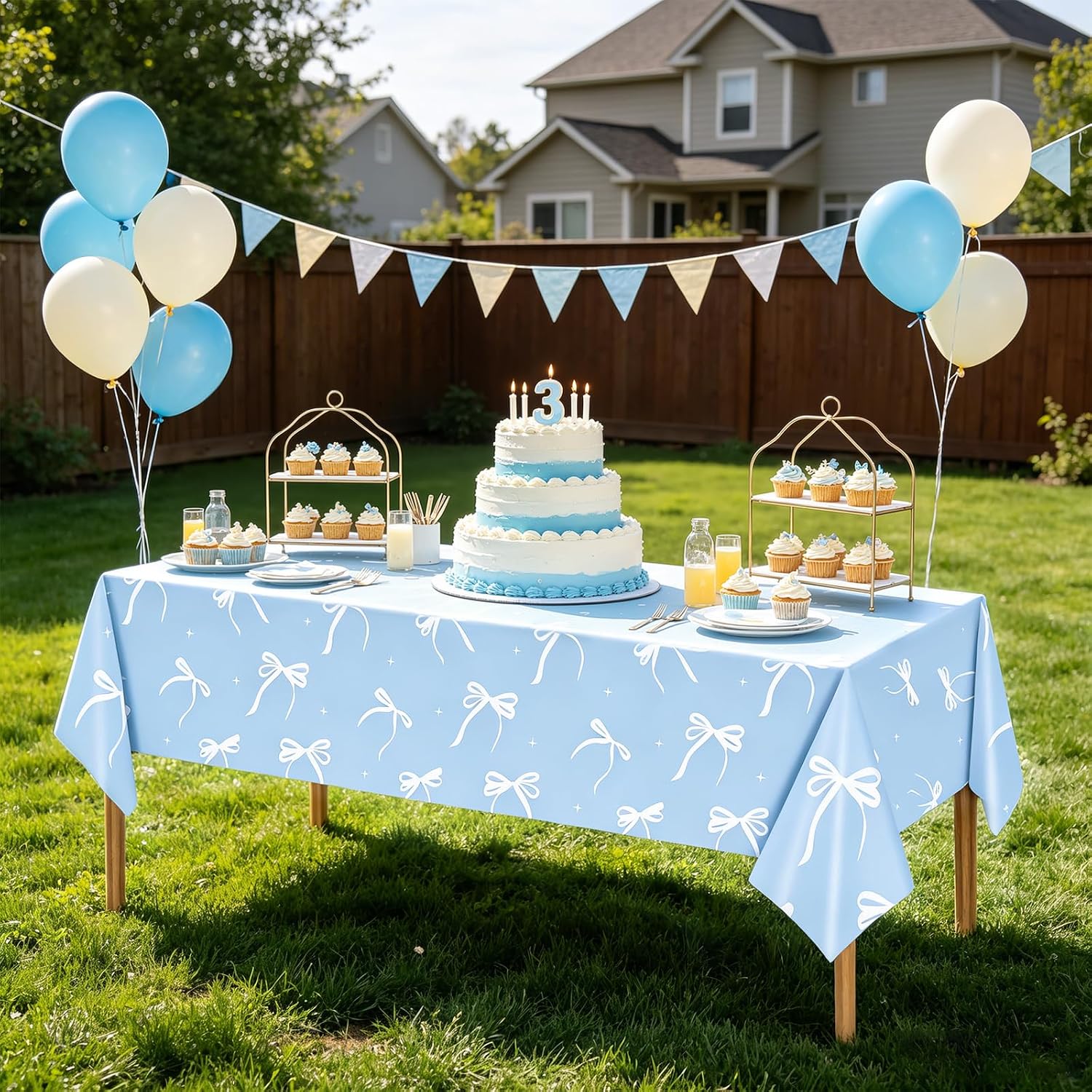 2Pack Blue Bow Tablecloth Blue and white Disposable Birthday Party Supplies | Blue and White Bow Tablecloth 54 x 108 Inch Plastic Table Cover for Baby Shower Birthday Girls Party Supplies