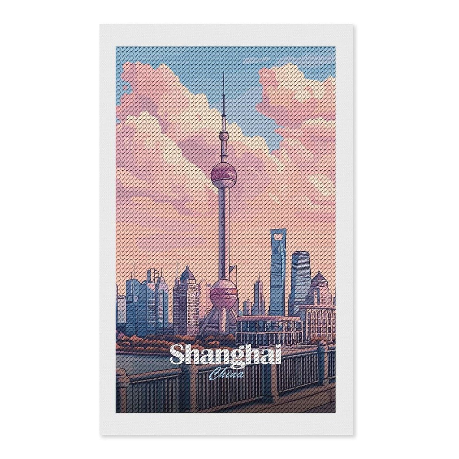 Junmoney Shanghai Skyline Illustration DIY Diamond Art Canvas Kit 12"x20", Adhesive Canvas, Easy to Enjoy, Farmhouse Decor, Festive Craft Gift