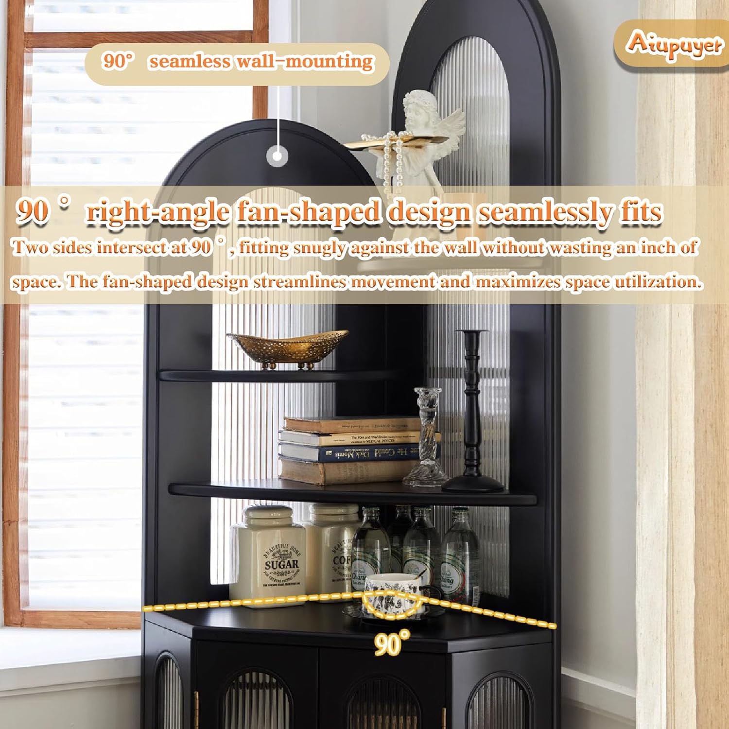 Floor-Standing Storage Rack, Home Bar Liquor Storage Cabinet Corner Bookshelf with Storage Bookcase French Corner Shelf, Vintage Solid Wood Triangular Fan-Shaped Bookshelf 179CM/70.47IN Black