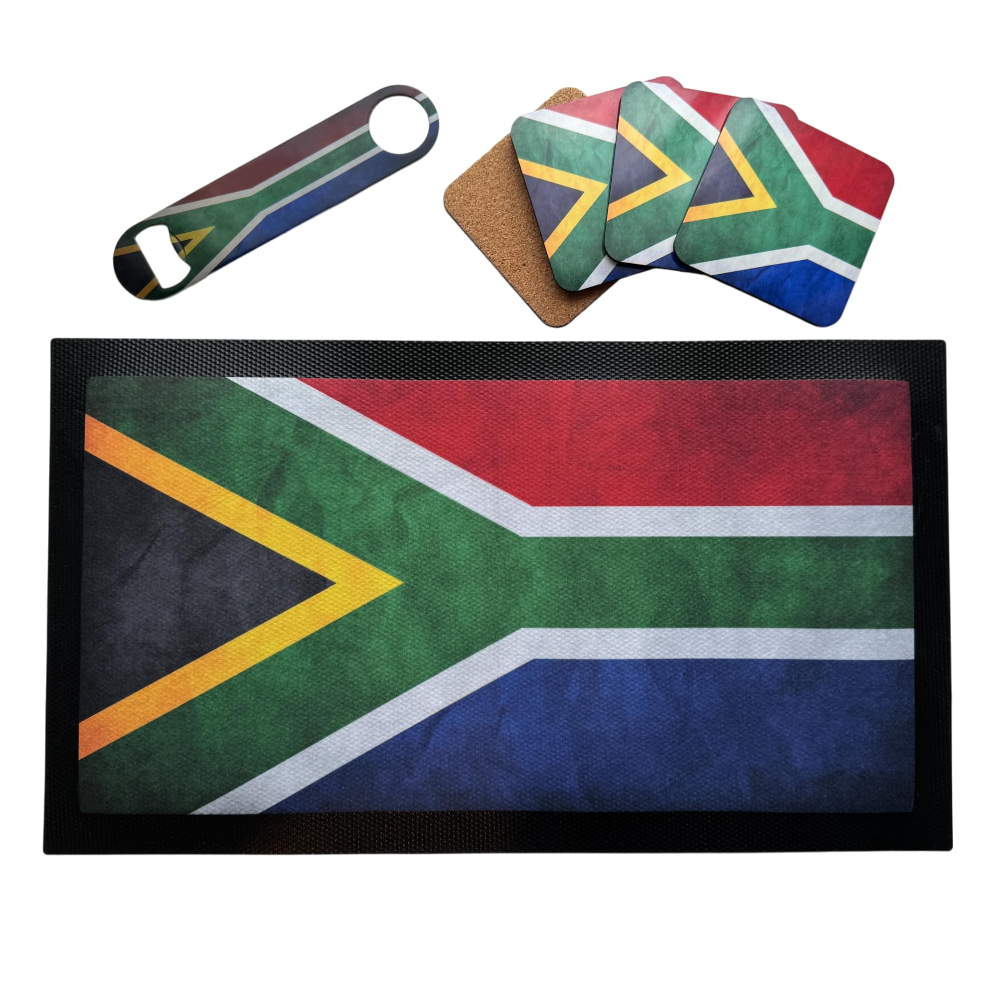 ShopQuality4U South African - South Africa Flag Bar Set, Bar Runner Mat, Matching Bottle Opener & 4x Drinks Coasters, Gift Set | Beer Gifts Home Bar Accessories for Pub Bars Man Cave Him Her