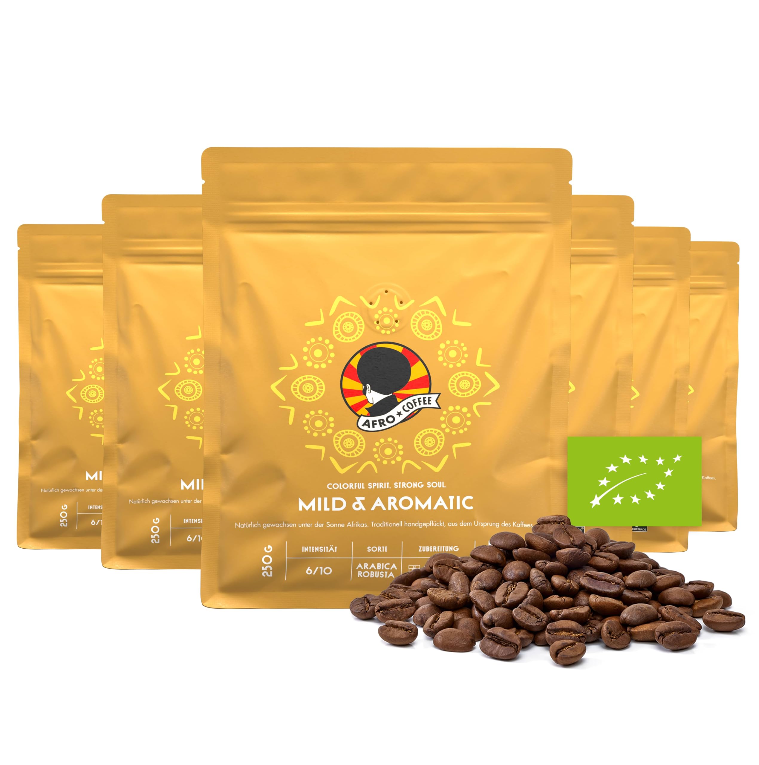 AFRO COFFEE Mild & Aromatic I 6 Pack I 250g Premium Bio Kaffeebohnen Fairtrade I Arabica & Robusta ganze Bohnen I Bohnenkaffee aus Ostafrika I blumige Note, handgepflückt, mittel geröstet, säurearm