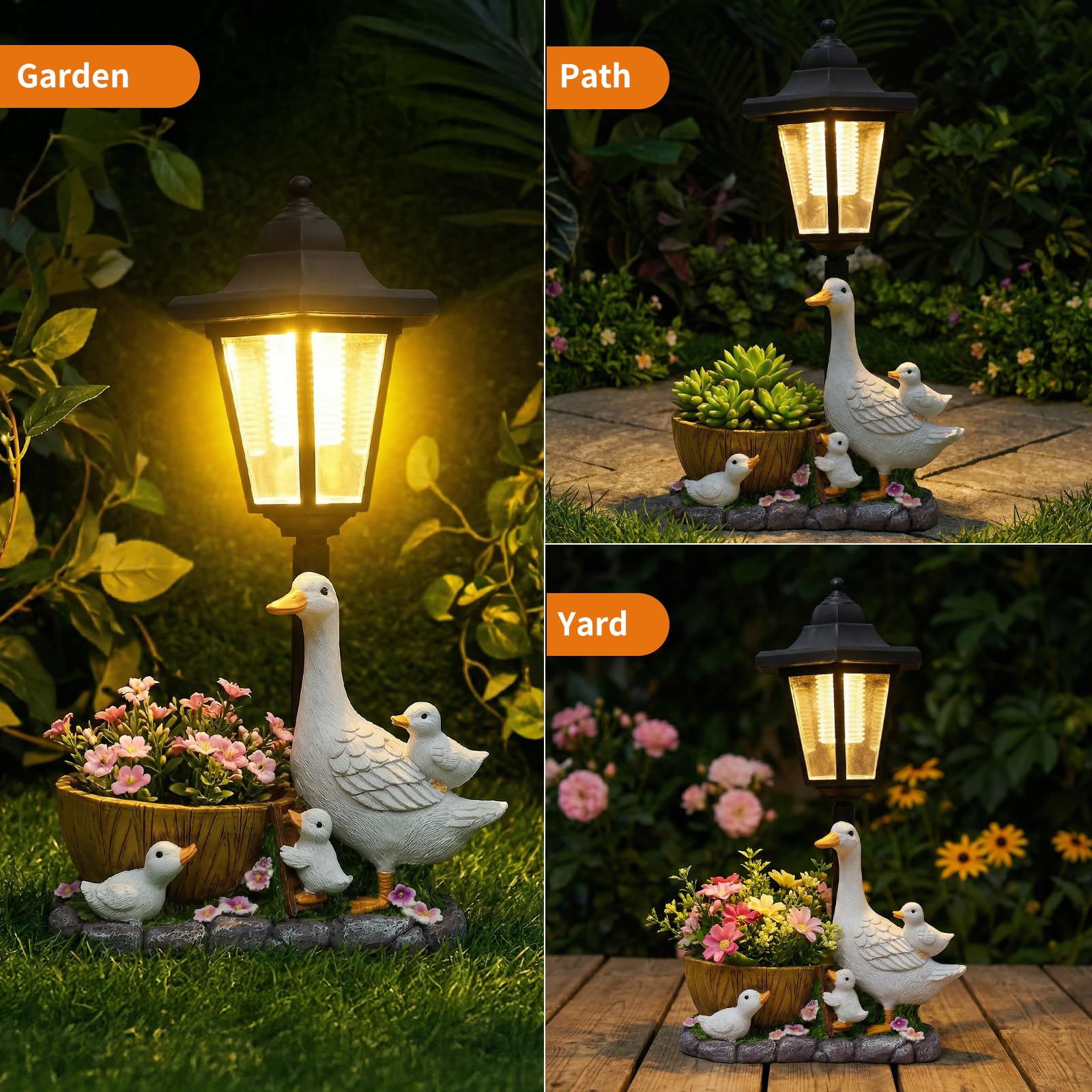 Ente Gartenfiguren für Außen mit Solar Laterne: Wasserdichte Solarlampe Figur Gartendeko mit Blumentopf,für Draußen Balkon Terrasse,Geschenke für Frauen Männer Mama GeburtstagVatertagsgeschenk