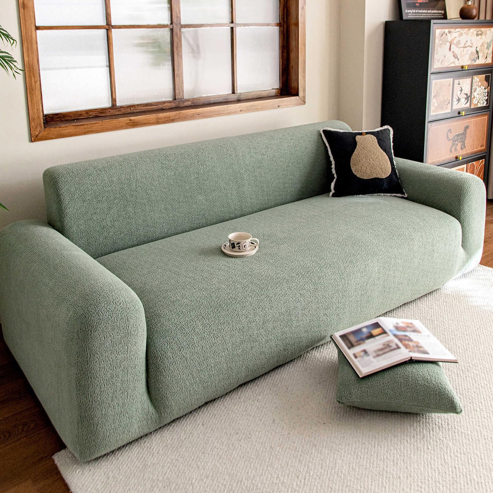 Yujoqup Green Sofa Cover Stretch, Velvet Sofa Slipcover 1 2 3 4 Seater, Elastic Couch Cover Settee Protector For Dogs Cats(Size:3 Seater(190Cm-230Cm),Color:green)