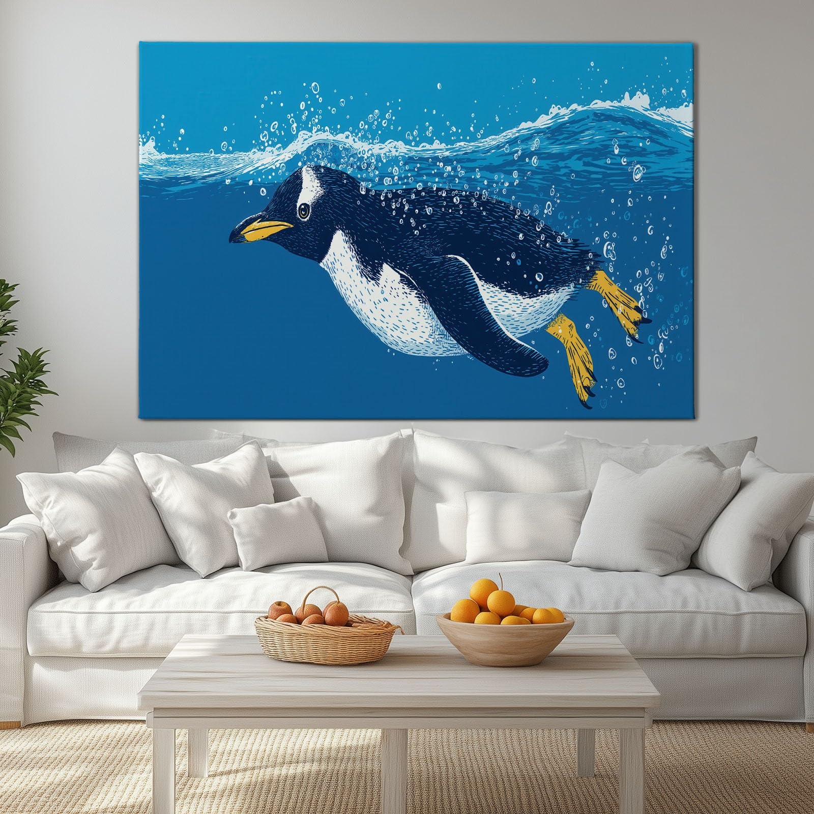 Genérico Obraz na płótnie z nadrukiem 3D niebieski pingwin z kreskówek 100 x 75 cm nowoczesne duże obrazy na ścianę, dekoracja salonu i sypialni, z ramą