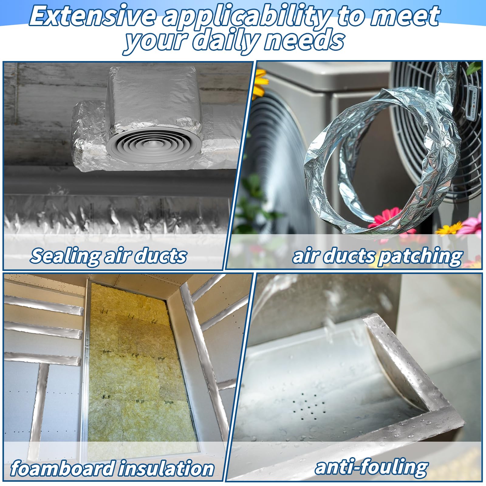 Paquete de 6 cintas de aluminio a granel de 2 pulgadas x 55 yardas, cinta adhesiva de metal resistente, cinta plateada de alta temperatura para sellado y parches, HVAC, conductos de aire, reparación