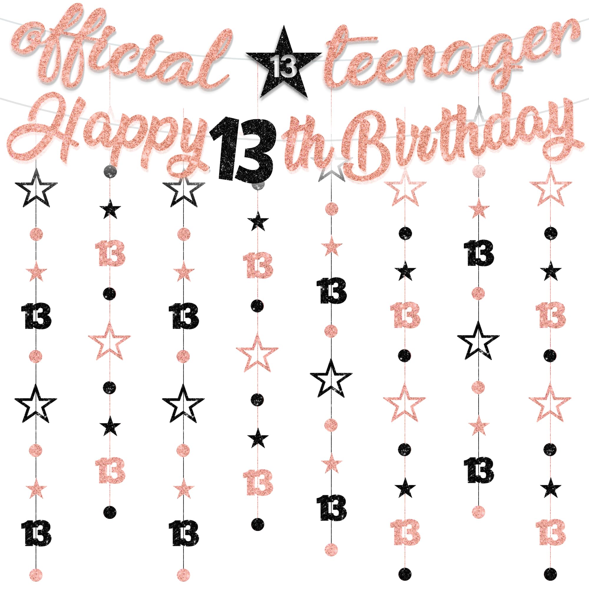 13th Birthday Decorations Banner Girls - 10 Pcs Pre-Strung Official Teenager Banner Glitter Star Garland Twinkle Hanging Streamer Bunting For 13 Years Old Party Backdrop Decor(Rose Gold and Black)