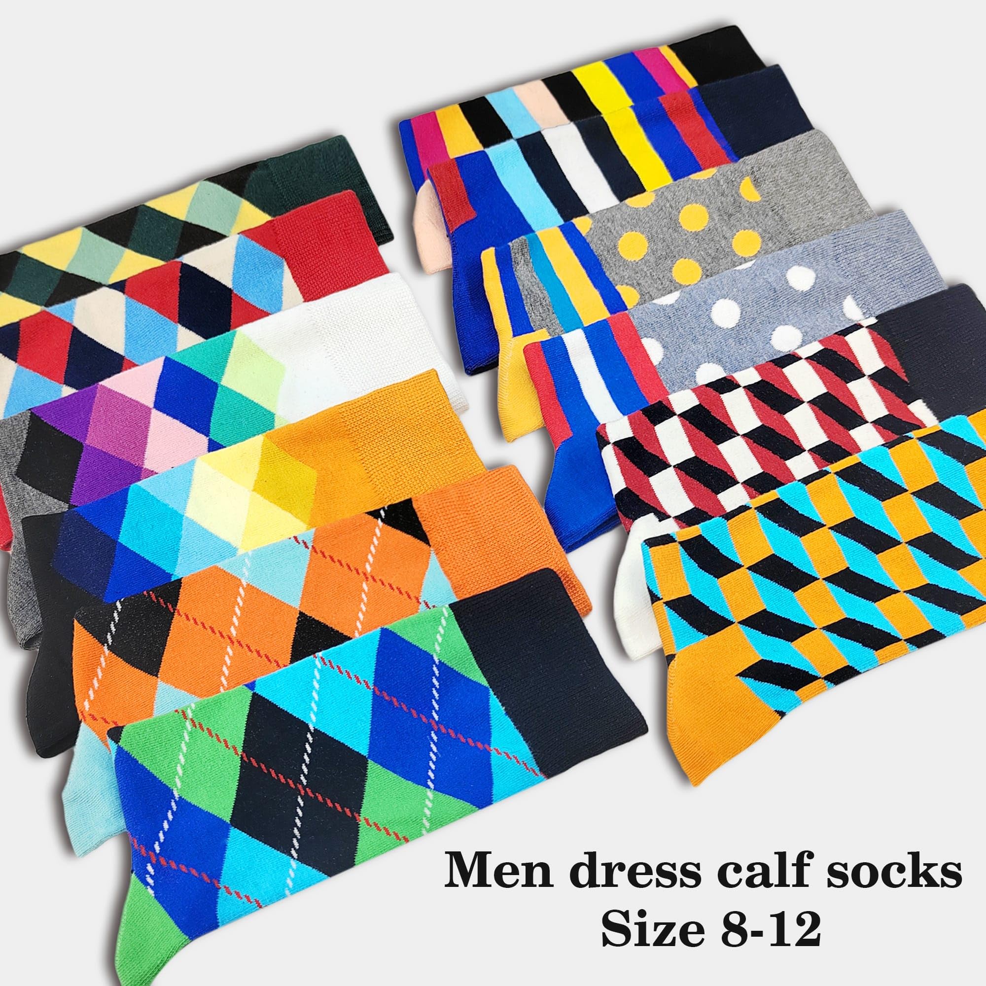 Calcetines de vestir para hombre, diseño de rombos, color negro, divertidos, coloridos, novedosos, calcetines de algodón con patrón loco, paquetes a granel, talla 8-12