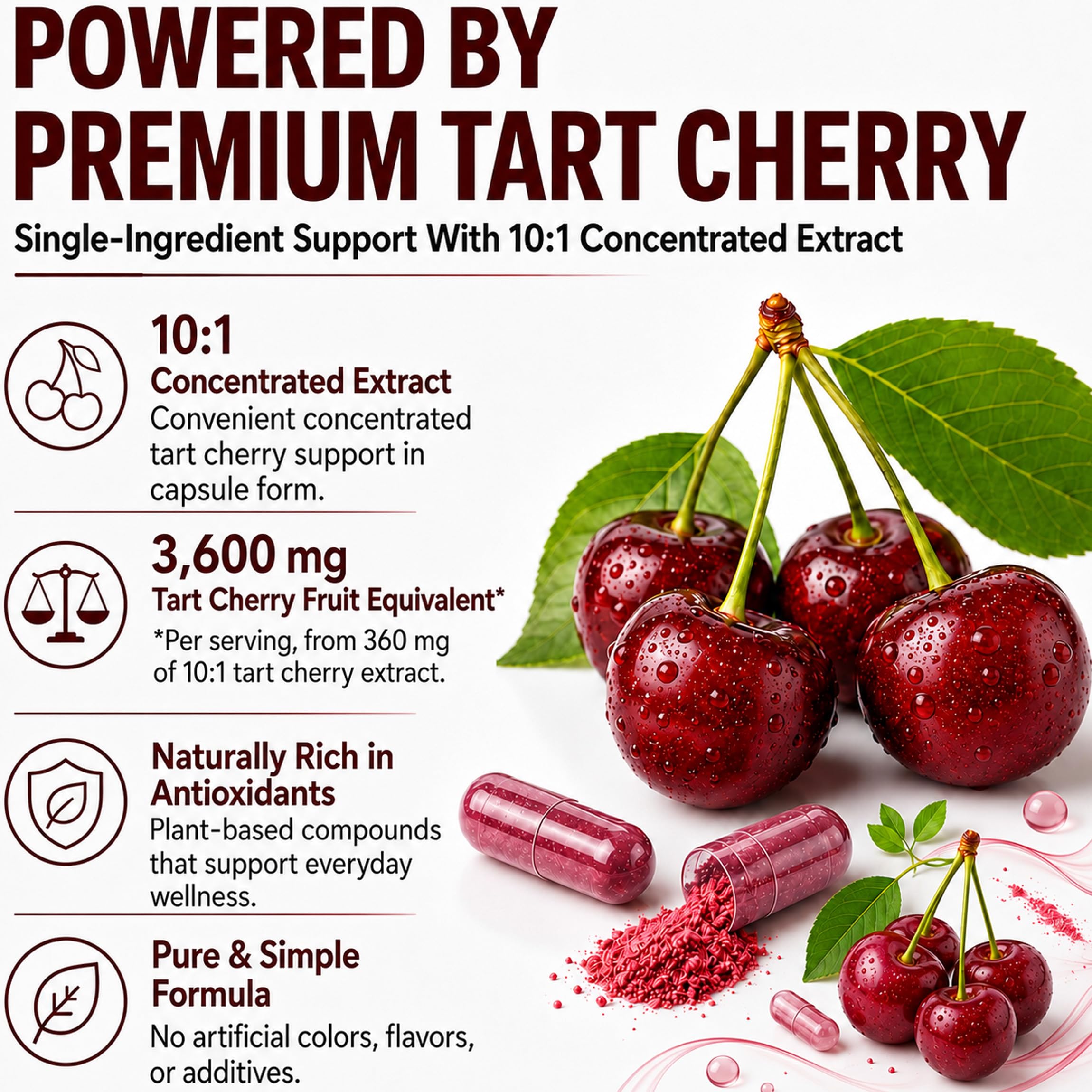 Tart Cherry Capsules | Tart Cherry Extract per Serving with Natural Antioxidants | Supports Daily Wellness & Mobility | Promotes Restful Sleep | Non-GMO | Gluten Free | 60 Counts (1) — Amazon image 3