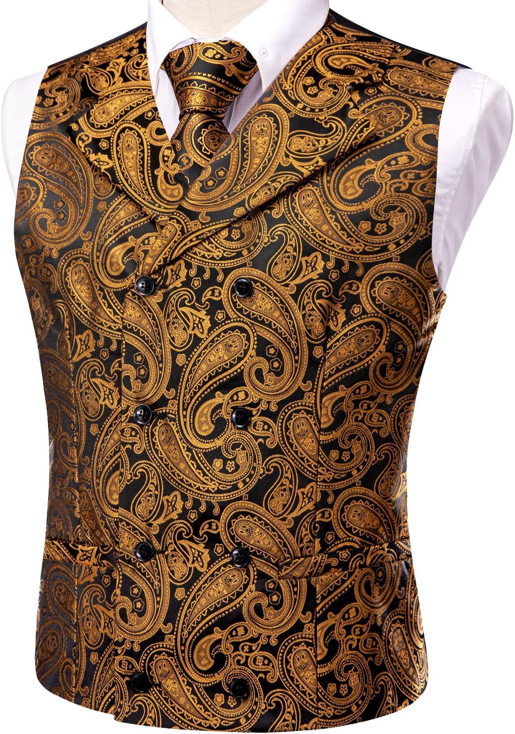 Hi-Tie Mens Silk Double-Breasted Suit Vest Tie Pretied Bowtie Laple Pin and Handkerchief Cufflinks Wedding Business Tuxedo - Image 3