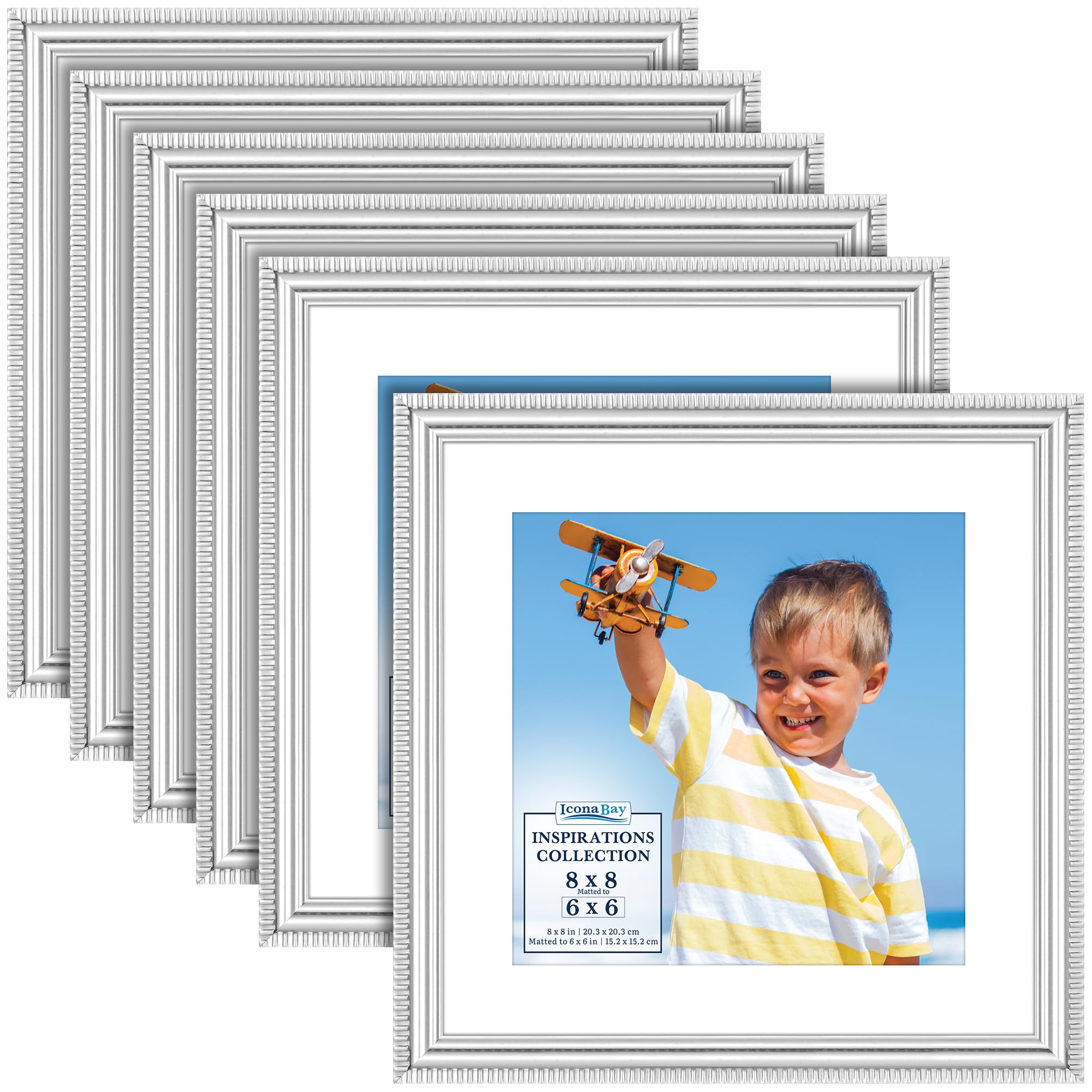 Icona Bay - 8x8 Picture Frames with Removable Mat for 6x6 Photos - Silver, 6 Pack - Beautifully Detailed Molding - Contemporary Picture Frames - Wall Mount or Table Top - Inspirations Collection