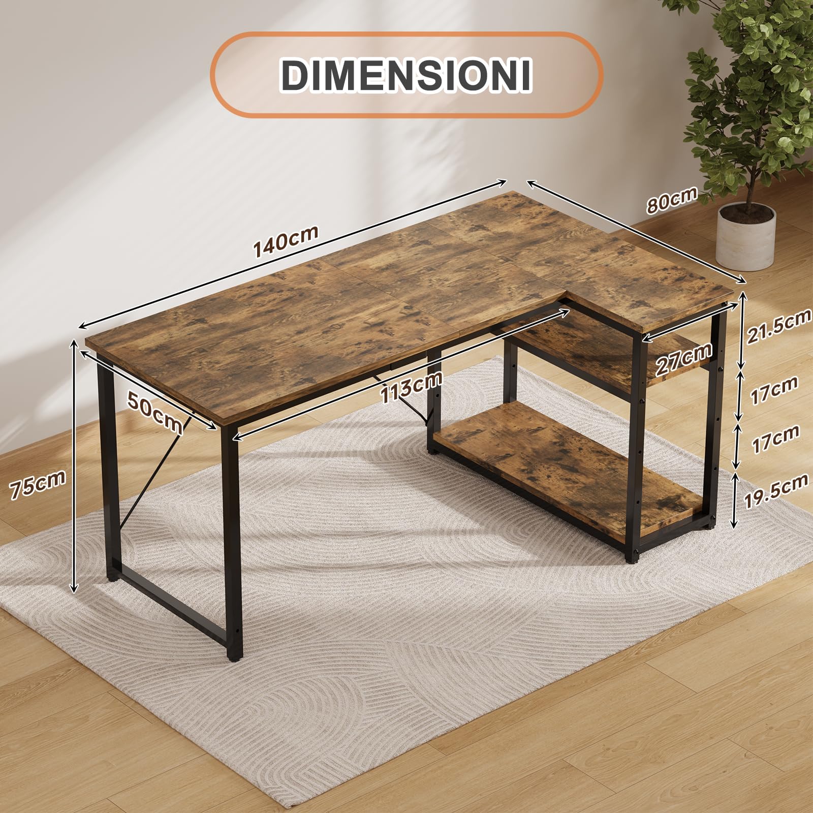 JUMMICO Scrivania Angolare a L 140x80 cm Design Moderno Marrone