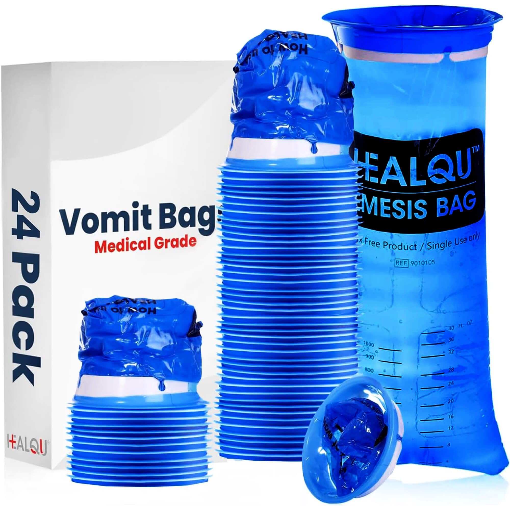 Healqu Bolsas de vómito de hospital - Paquete de 24 bolsas de 1000 ml para auto - Bolsa de vómito de grado médico resistente a fugas - Bolsas desechables para vomitar, náuseas Azul
