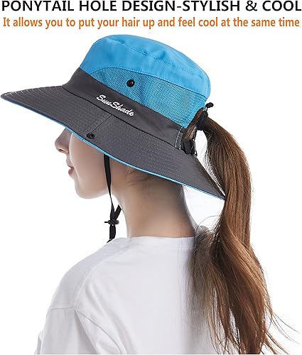 Miniatura 6 de Tutuko Sombreros de sol de ala ancha para mujer, plegables, protección UV, sombreros de pescador de playa, cola de caballo de malla, sombrero de