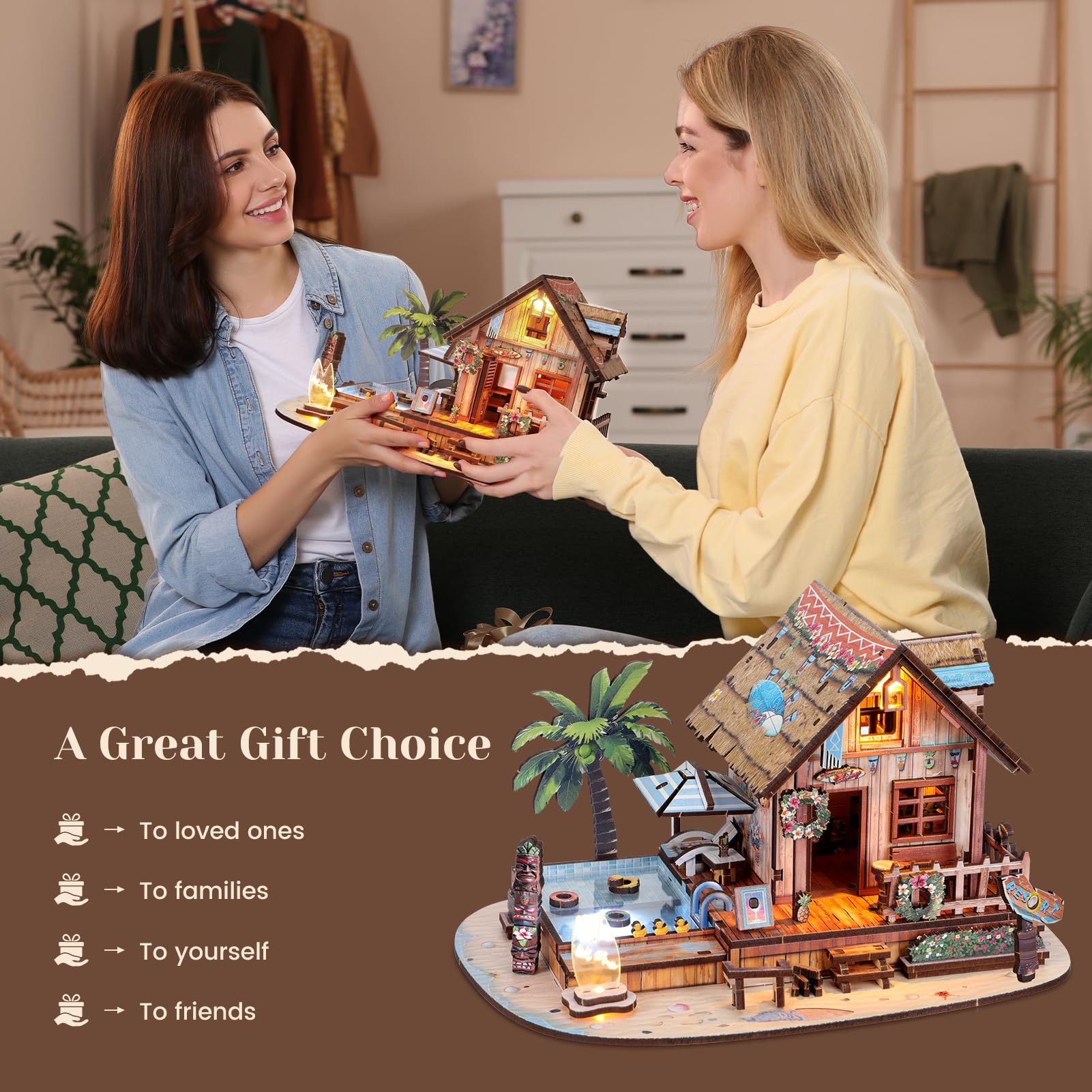 Casse-tête 3D en bois pour adulte, 187 pièces, maison de plage hawaïenne, kit de modélisme en bois avec lumière LED pour adultes, jouets cadeaux pour enfants de 14 ans et plus
