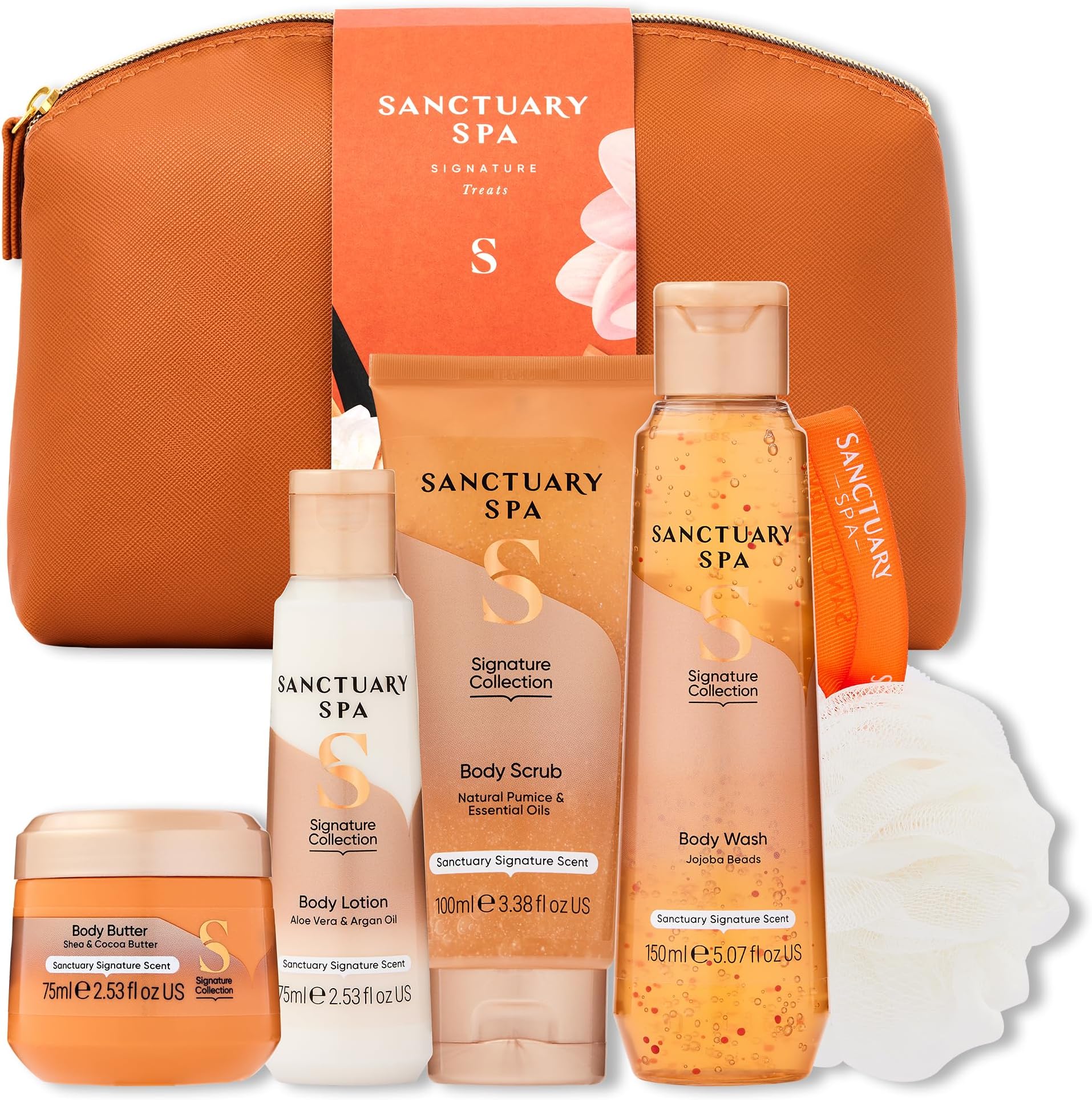 Sanctuary Spa Signature Treats Gift Set for Women – Vegan Body Wash, Body Scrub, Body Lotion, Body Butter, Body Puff & Travel Bag – Hydrating Luxury Pamper & Self‑Care Birthday Gift