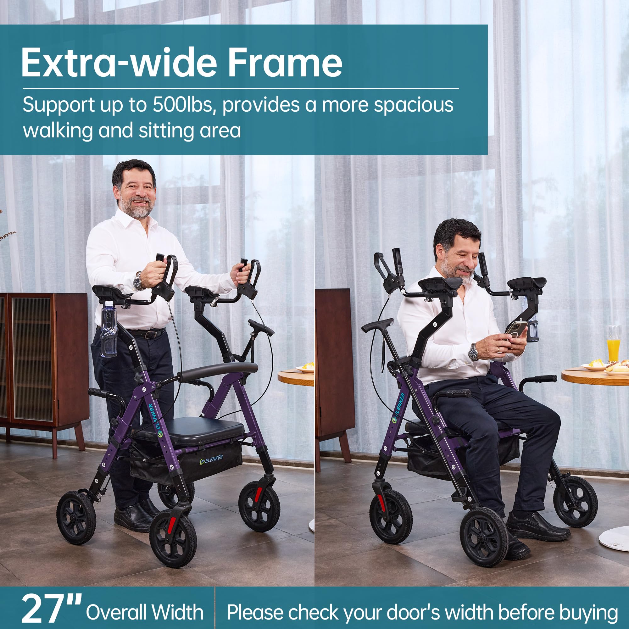 ELENKER All Terrain Heavy Duty Upright Walker with Extra Wide Seat, Foldable Aluminum Bariatric Stand Up Rolling Walker, 10” Wheels, Fully Adjustment Frame, Support up to 500 lbs for Seniors, Purple