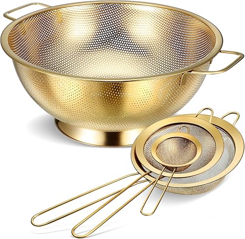 Norme Colador dorado de acero inoxidable de 3 cuartos de galón de malla fina, colador de metal para pasta, arroz y alimentos con asas, fácil de