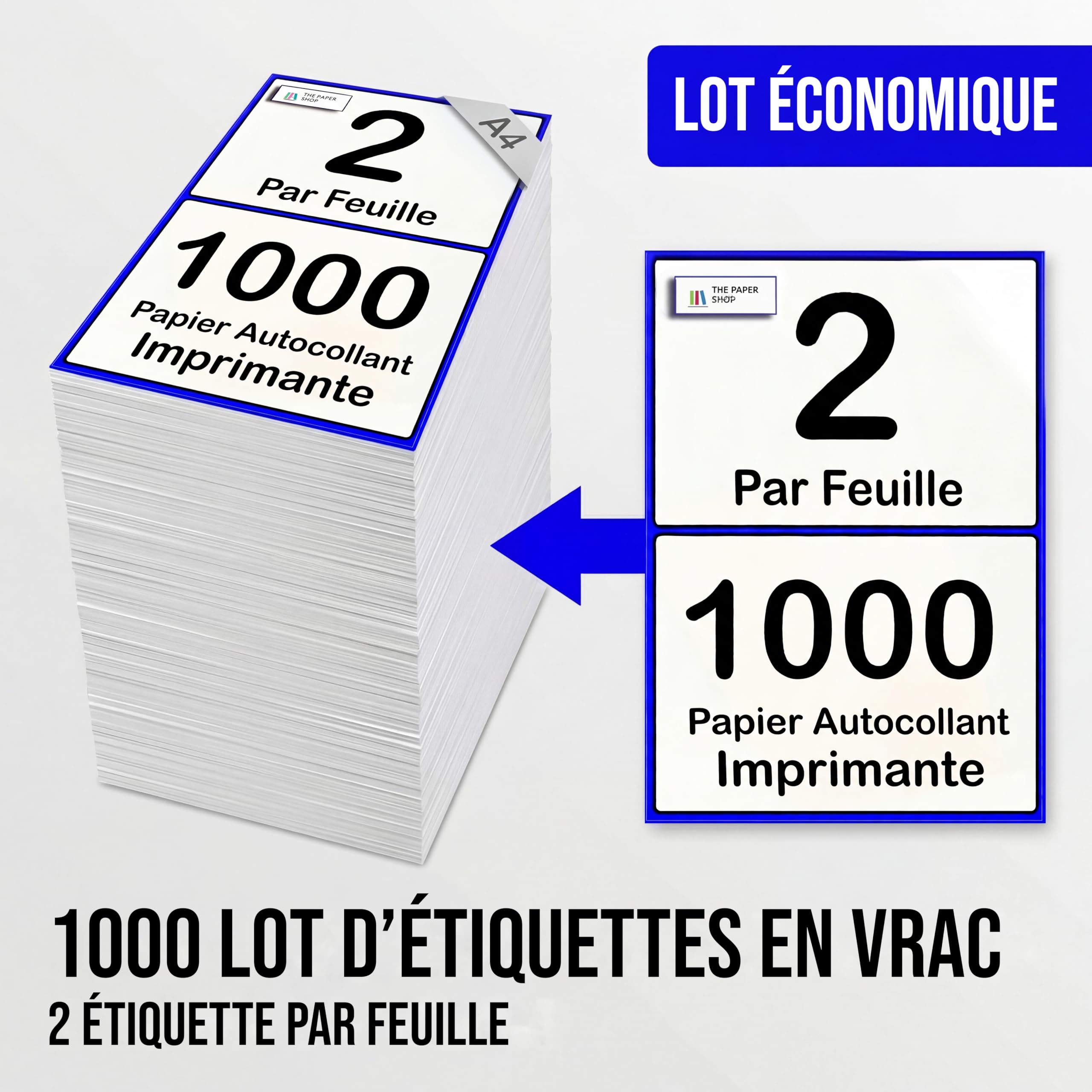 Lot de 1 000 étiquettes autocollantes blanches pour imprimante A4, 2 par feuille | Imprimante adhésive A5, 2 par feuille d'étiquettes d'adresse | Étiquettes d'adresse pour imprimante laser, 2 par