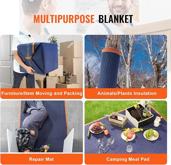 VEVOR Moving Blankets, 80 x 72, 65 lbs/dz Weight, 12 Packs, Professional Non-Woven & Recycled Cotton Packing Blanket, Heavy Duty Mover Pads for Protecting Furniture, Floors, Appliances, Blue/Orange