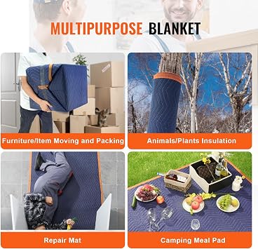 VEVOR Moving Blankets, 80 x 72, 65 lbs/dz Weight, 12 Packs, Professional Non-Woven & Recycled Cotton Packing Blanket, Heavy Duty Mover Pads for Protecting Furniture, Floors, Appliances, Blue/Orange