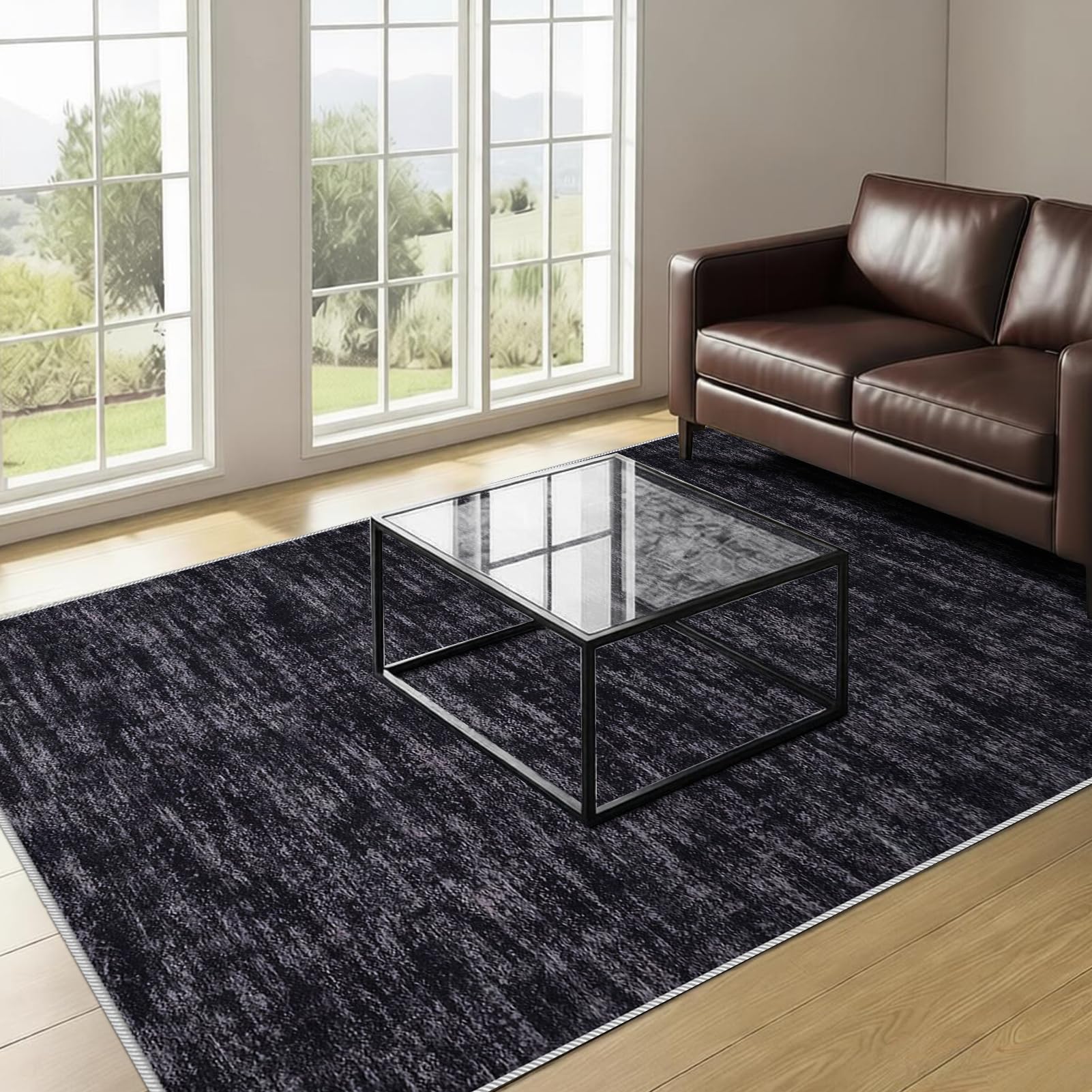 Waschbarer Wohnzimmerteppich, 200 x 260 cm Schwarz Teppiche für Schlafzimmer, Outdoor Teppich Wohnzimmer Balkon Küchenteppich, Kurzflor Schlafzimmer Carpet Living Room Bedroom Esszimmer Teppiche