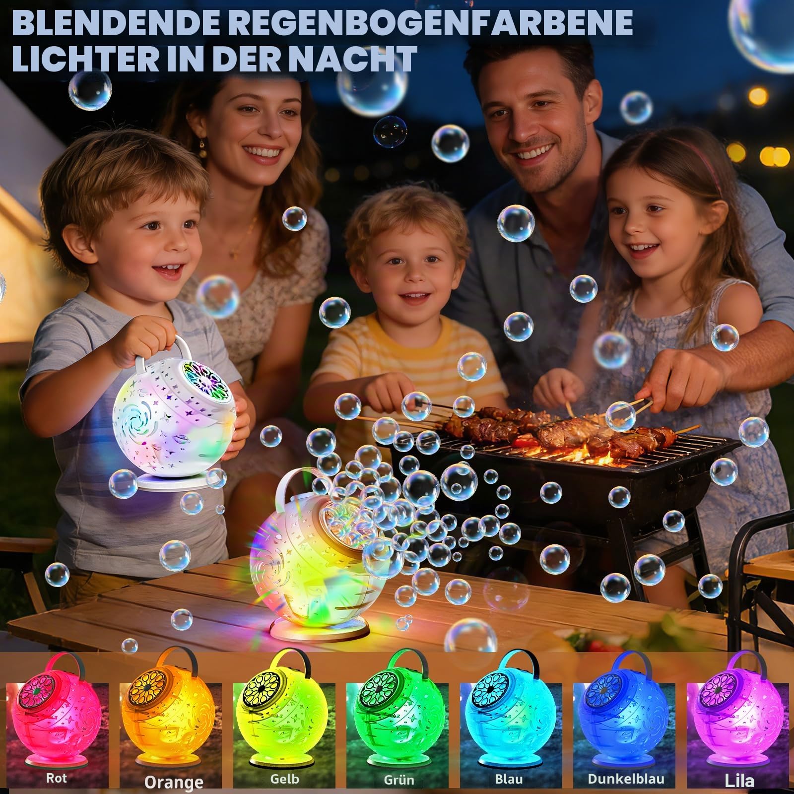 Wiederaufladbare Seifenblasenmaschine, Automatische 90°/360°-Drehung, ferngesteuertes Seifenblasenspielzeug für Kinder mit 7-farbigem RGB-LED-Licht, Seifenblasen für Hochzeiten, Partys und Geburtstage