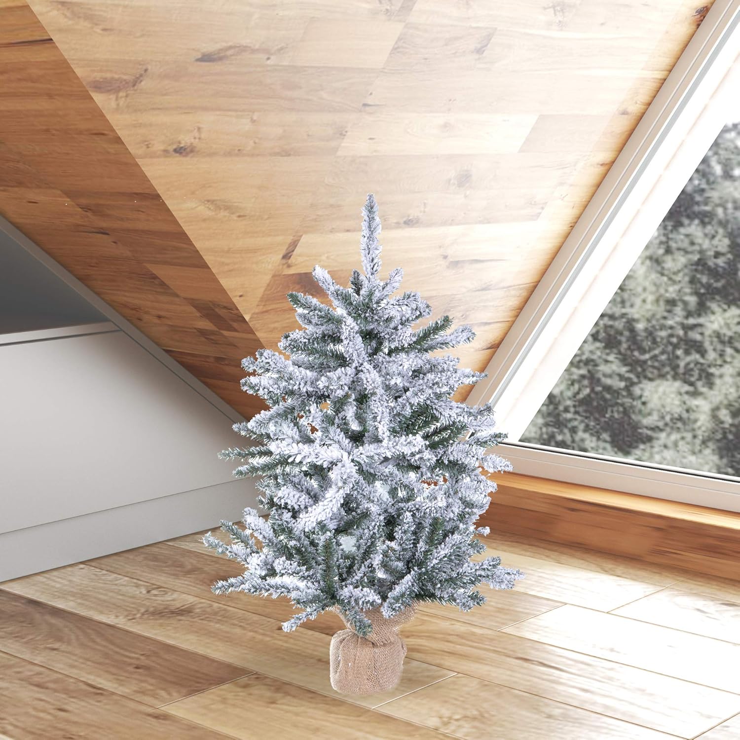 Vickerman 30" Flocked Anoka Pine Artificial Christmas Tree, Unlit - Snow Covered Faux Tree - Seasonal Potted Indoor Home Decor