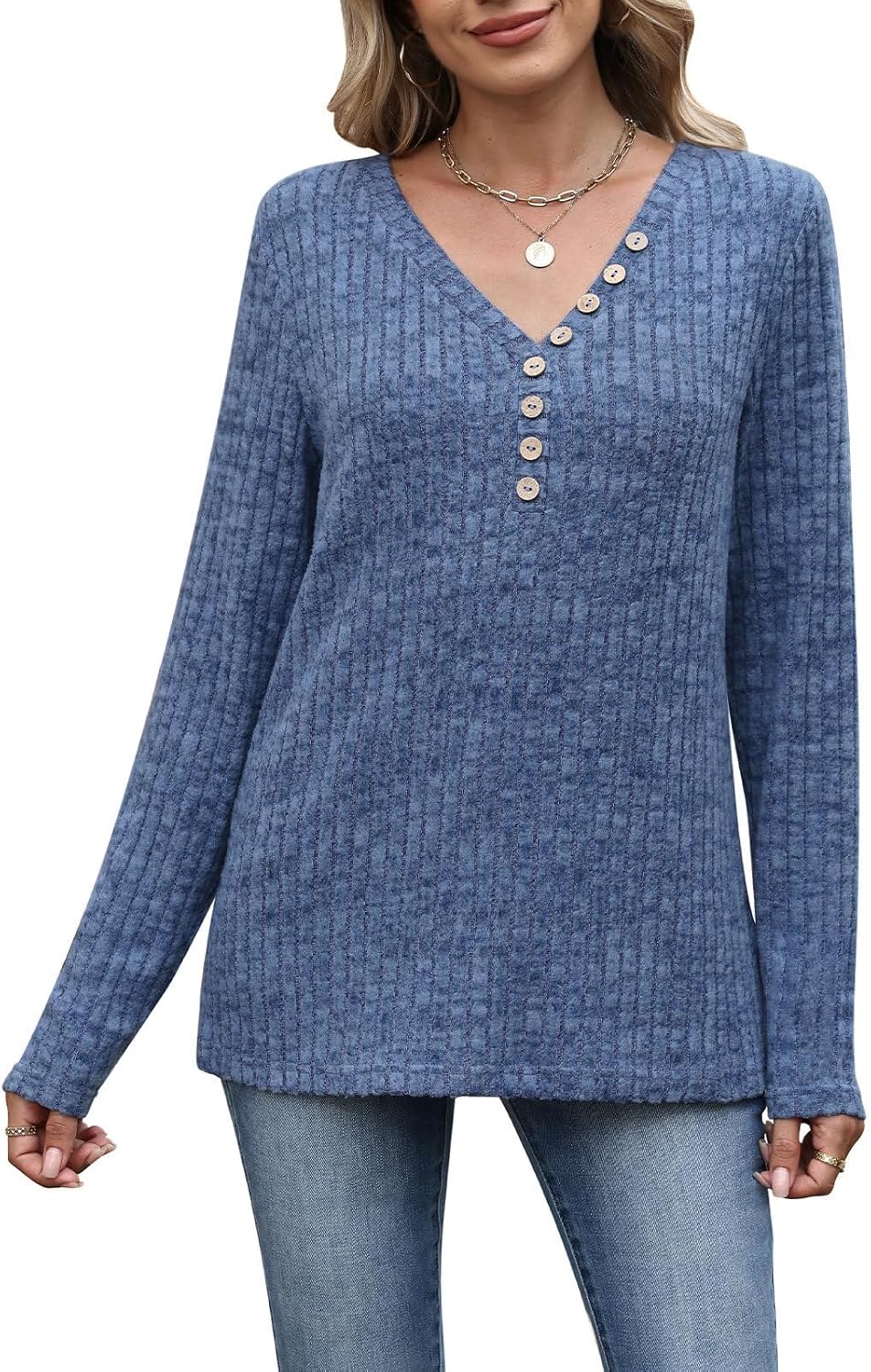 Womens Henley Knit Sweaters 2025 Fall Winter Deep V Neck Long Sleeve Button Pullover Casual Tops - Image 2