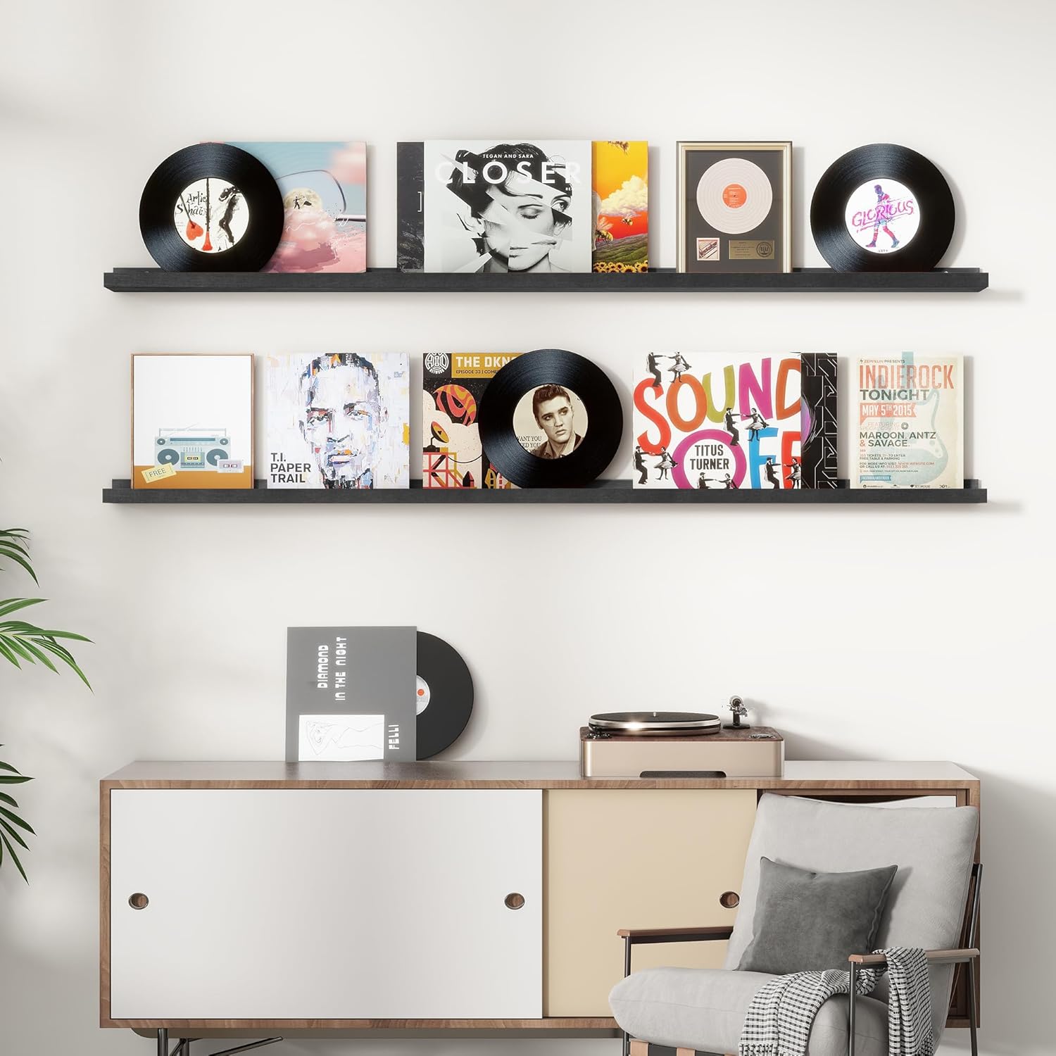 picture ledge shelf, floating shelves set of 2, solid ash wood 72'' long large nursery book shelves for toys storage, kids bookshelf for living room bedroom decor books photo frames, black black solid ash wood 72'', set of 2