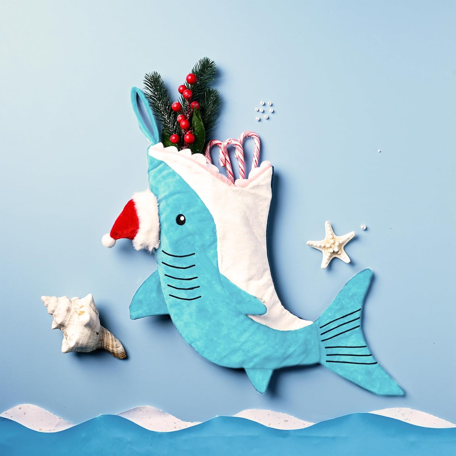 Valery Madelyn Lighted Christmas Angel Tree Topper with Timer&Christmas Stockings Decorations, 21 Inch Fabric Light Blue White Shark Cute Plush(2 Items Buddle)