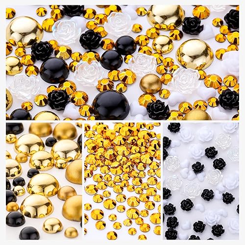 Miniatura 5 de Diamantes de imitación de perlas de 5.64 oz con parte trasera plana y color negro dorado para manualidades, tamaño mixto de 0.11 a 0.39 pulgadas,