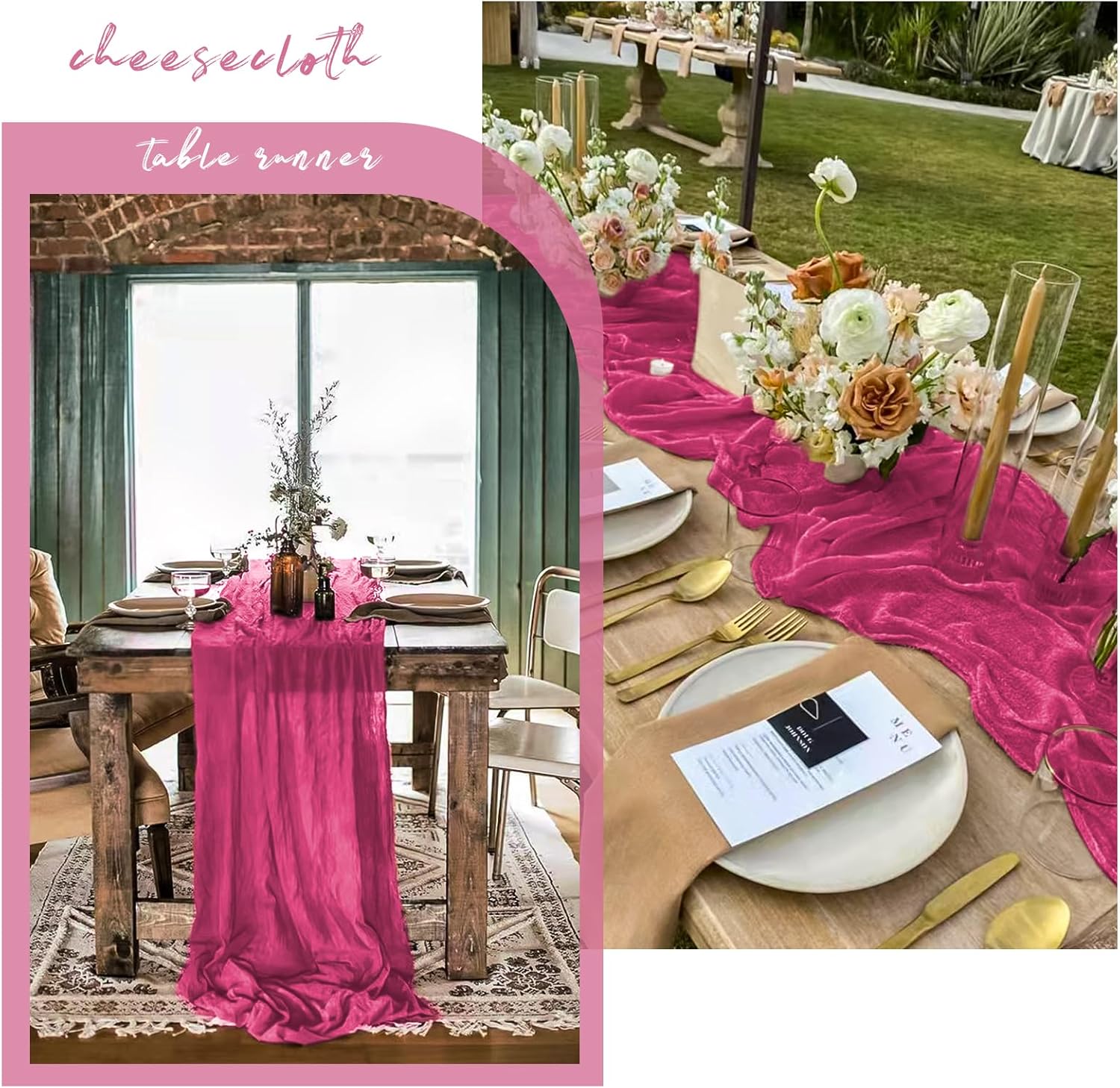 12 Pack 10Ft Hot Pink Cheesecloth Table Runner 35 x 120 inch Boho Gauze Cheese Cloth Table Runner Vintage Rustic Sheer Runners for Wedding Bridal Shower Birthday Party Cake Table Decorations