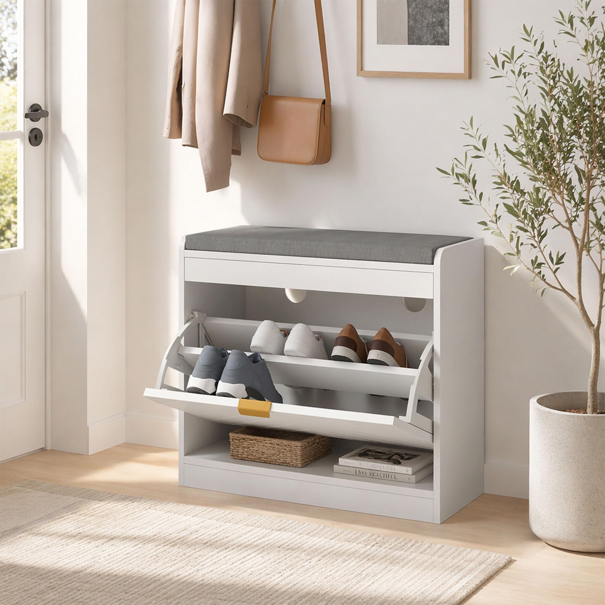 HOMCOM Banco Zapatero Estrecho 1 cajón abatible, 5 Pares, Blanco | 4 ventilaciones, entrada, pasillo, cojín