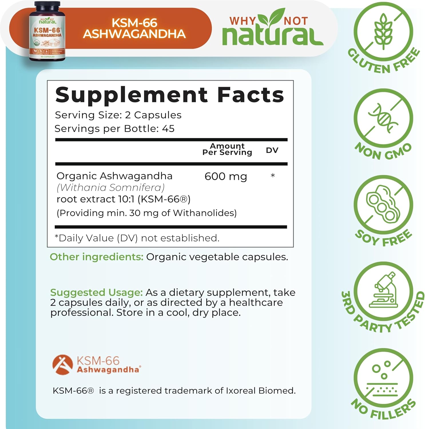 Why Not Natural Organic Ashwagandha KSM 66 Supplements Capsules - KSM66 - Image 3