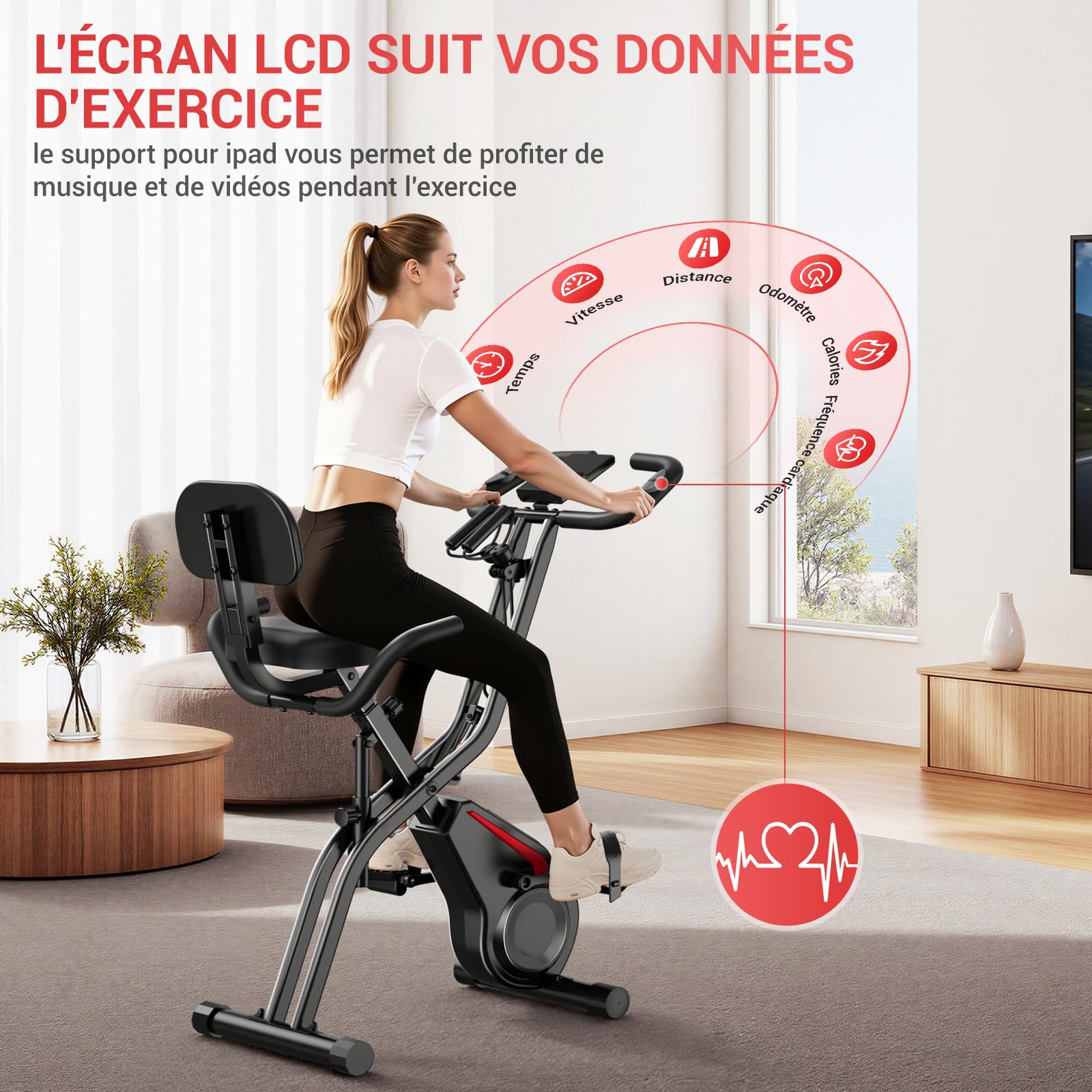 CURSOR velo d appartement pliable, 5-en-1 velo appartement pliable, équipé d'une résistance silencieuse à 16 niveaux. vélos d'appartement avec surveillance de la fréquence cardiaque et écran LED