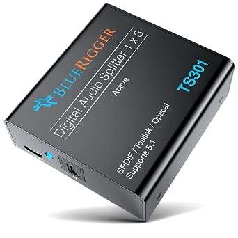 BlueRigger Digital Optical Audio Splitter Active Toslink Splitter 1 in 3 Out, SPDIF, Fiber Optic Adapter - Compatible with Home Theatre, Xbox, PS4, DVD, Receiver, TV, LPCM2.0, DTS, Dolby Digital