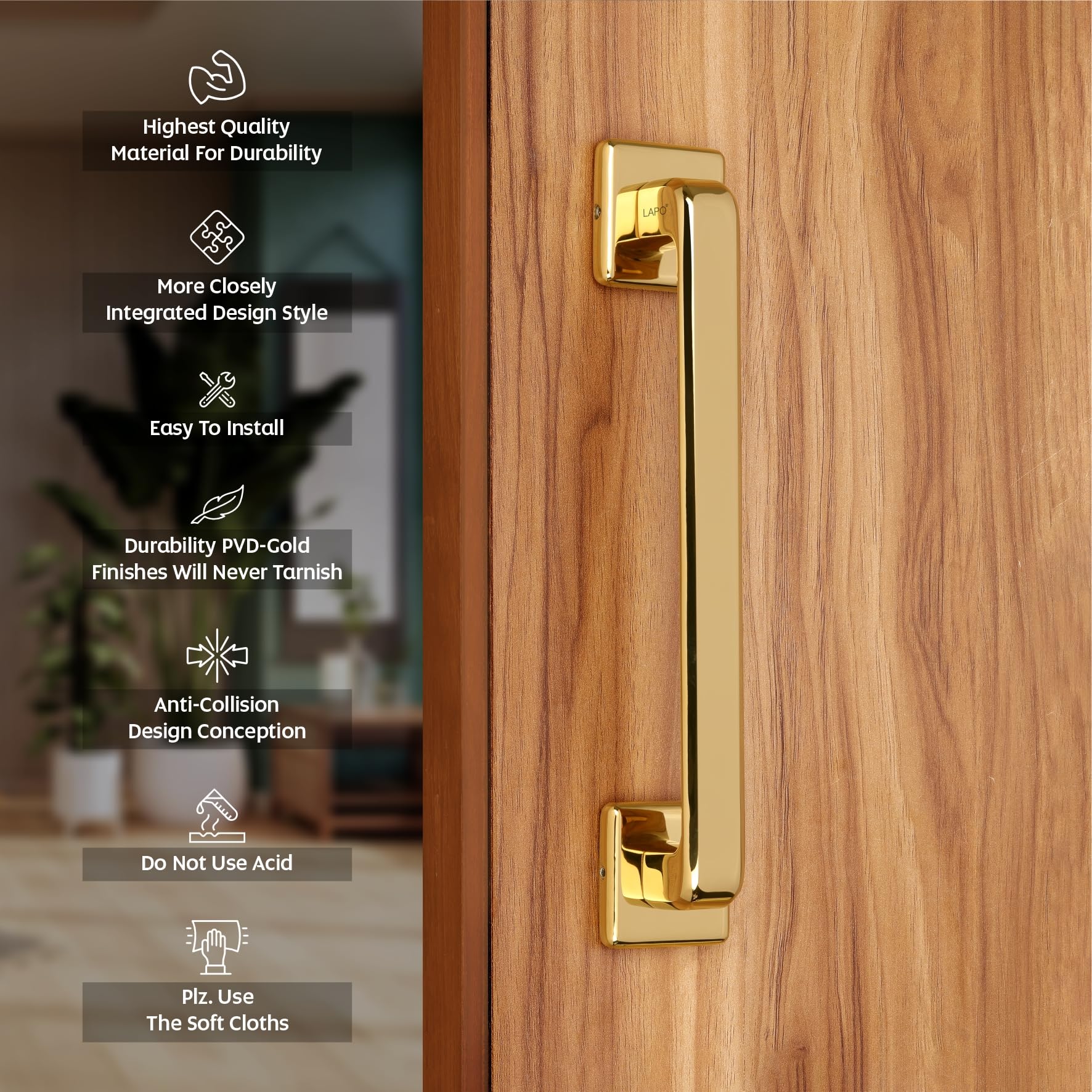 LAPO Cool Door Handles for Main Door | Main Door Handle | Door Handle | Zinc Alloy(10 inches- Pack of 1) Gold Finish | 3 Years Warranty | Pull Handle 1