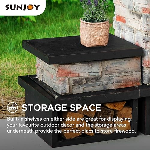 Miniatura 7 de Sunjoy Chimenea al aire libre, chimenea de leña para patio con chimenea de acero, puertas de malla para chispas, póquer de fuego y rejilla