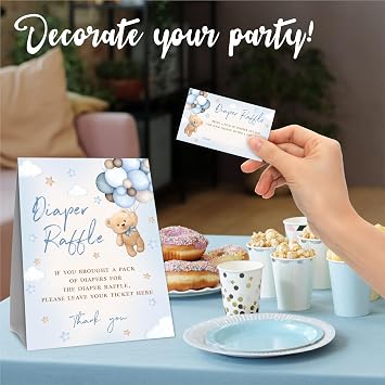 Diaper Raffle Baby Shower Game Kit- 1 Standing Sign & 50 Diaper Raffle Tickets, Bear Balloon Diaper Raffle Game For Boys Girls, Baby Announcement, Gender Reveal Party Favor & Supplies - B01
