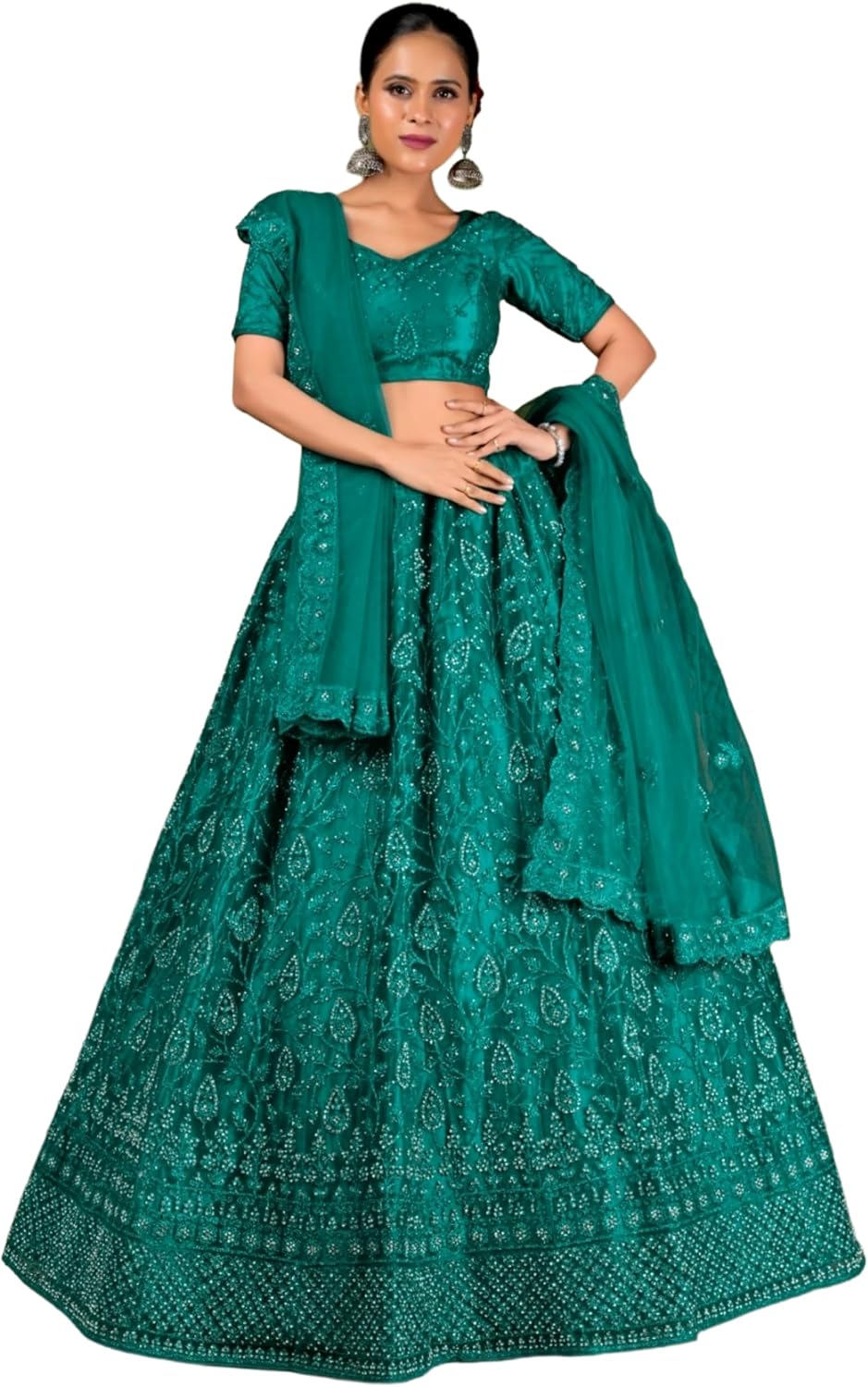 インディアンネット生地刺繍ワークレセプションウェアLehenga
