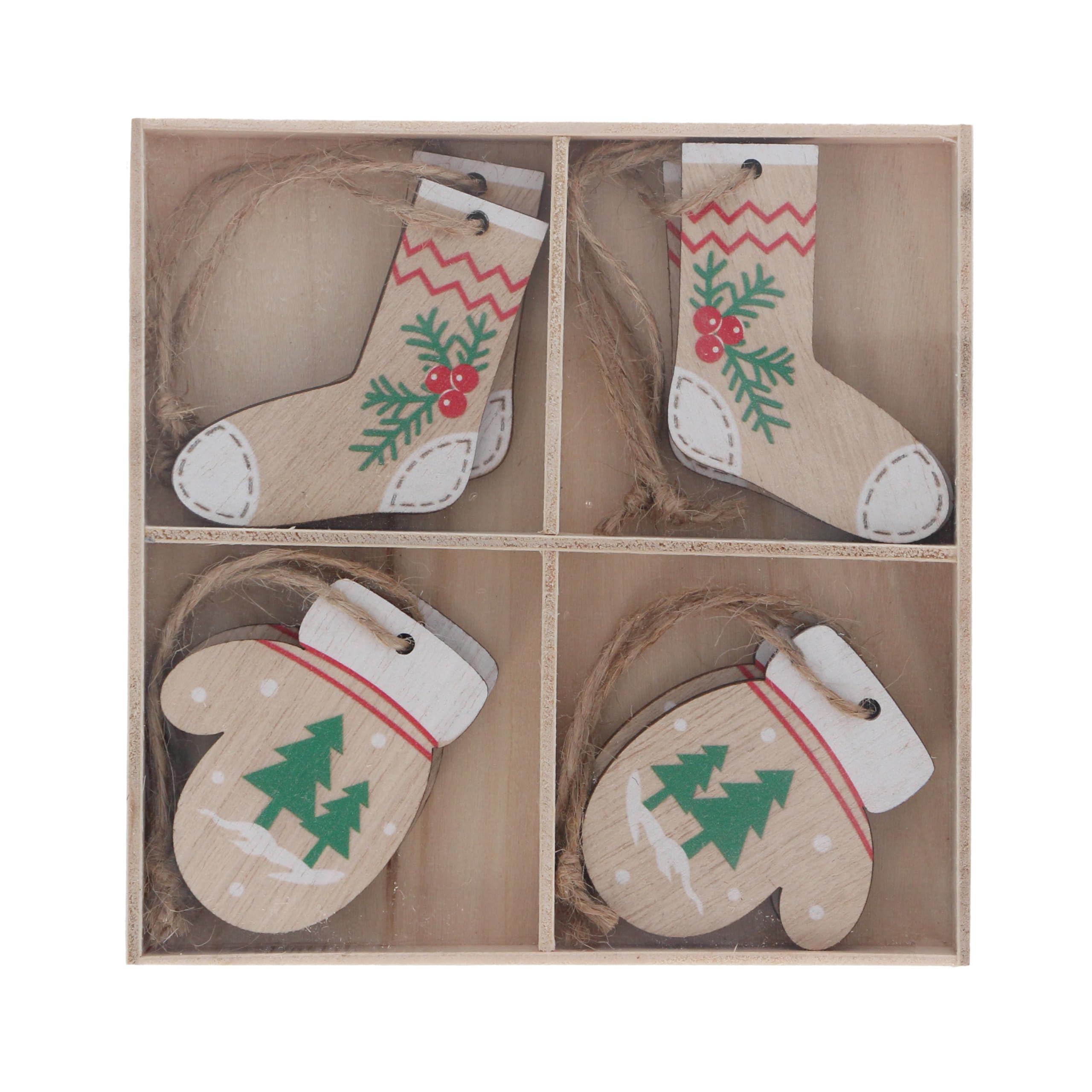Gisela Graham Set Of 8 Wooden Mitten And Sock Christmas Tree Decorations