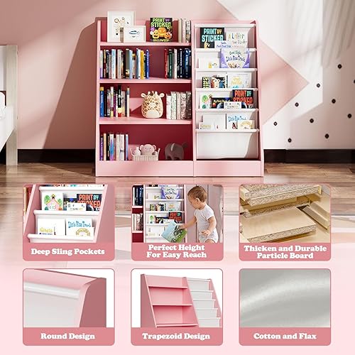 Miniatura 5 de Estantería de madera rosa de 4 niveles para niños, estantería de 5 capas, estante para libros de almacenamiento para bebés, organizador de juguetes