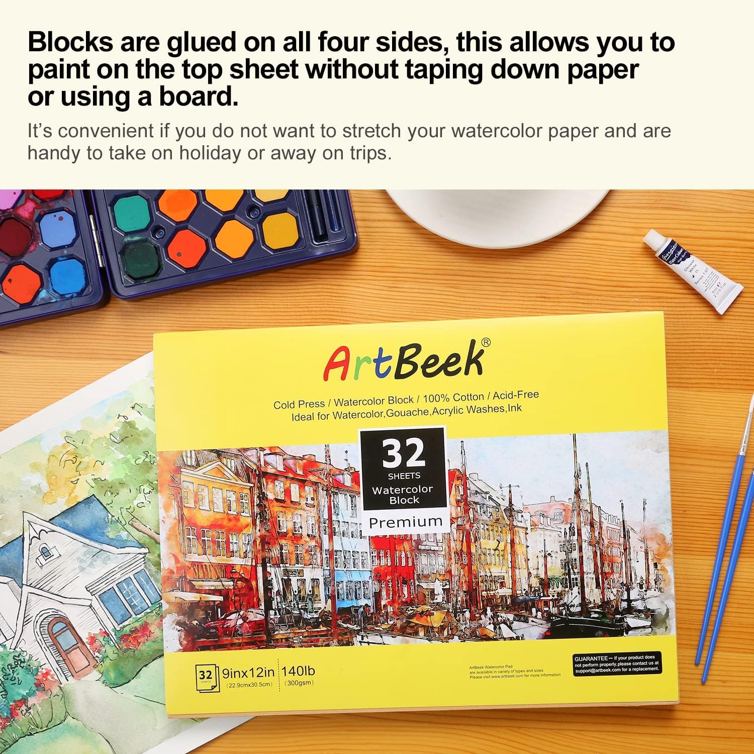 ArtBeek Watercolor Paper Block,11" x 14" Watercolor Block 32 Sheets 100% Cotton Cold Press 140lb/300GSM